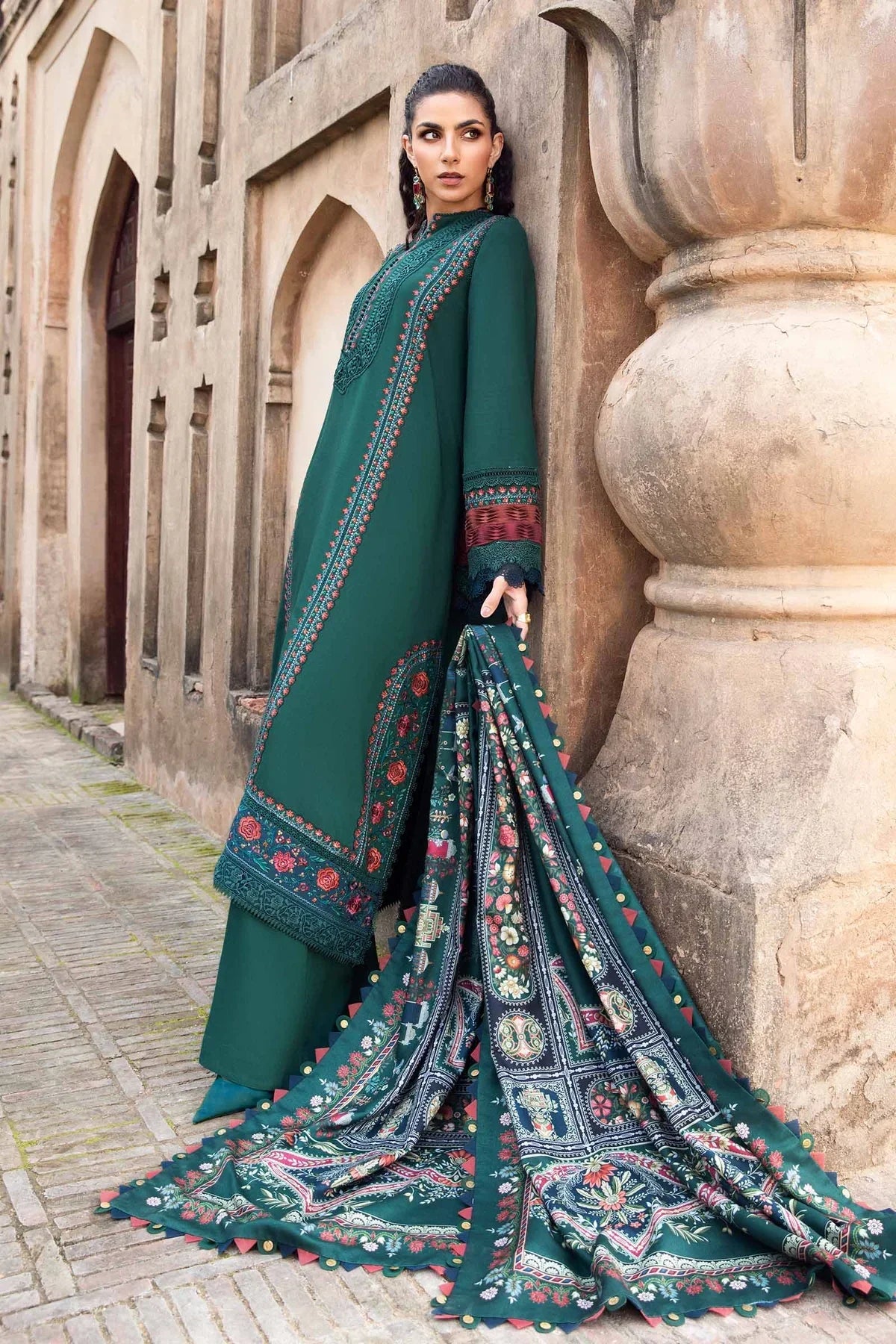 MARIA B - 3PC DHANAK EMBROIDERED SHIRT WITH TWILL PRINTED SHAWL AND TROUSER - HZG2062