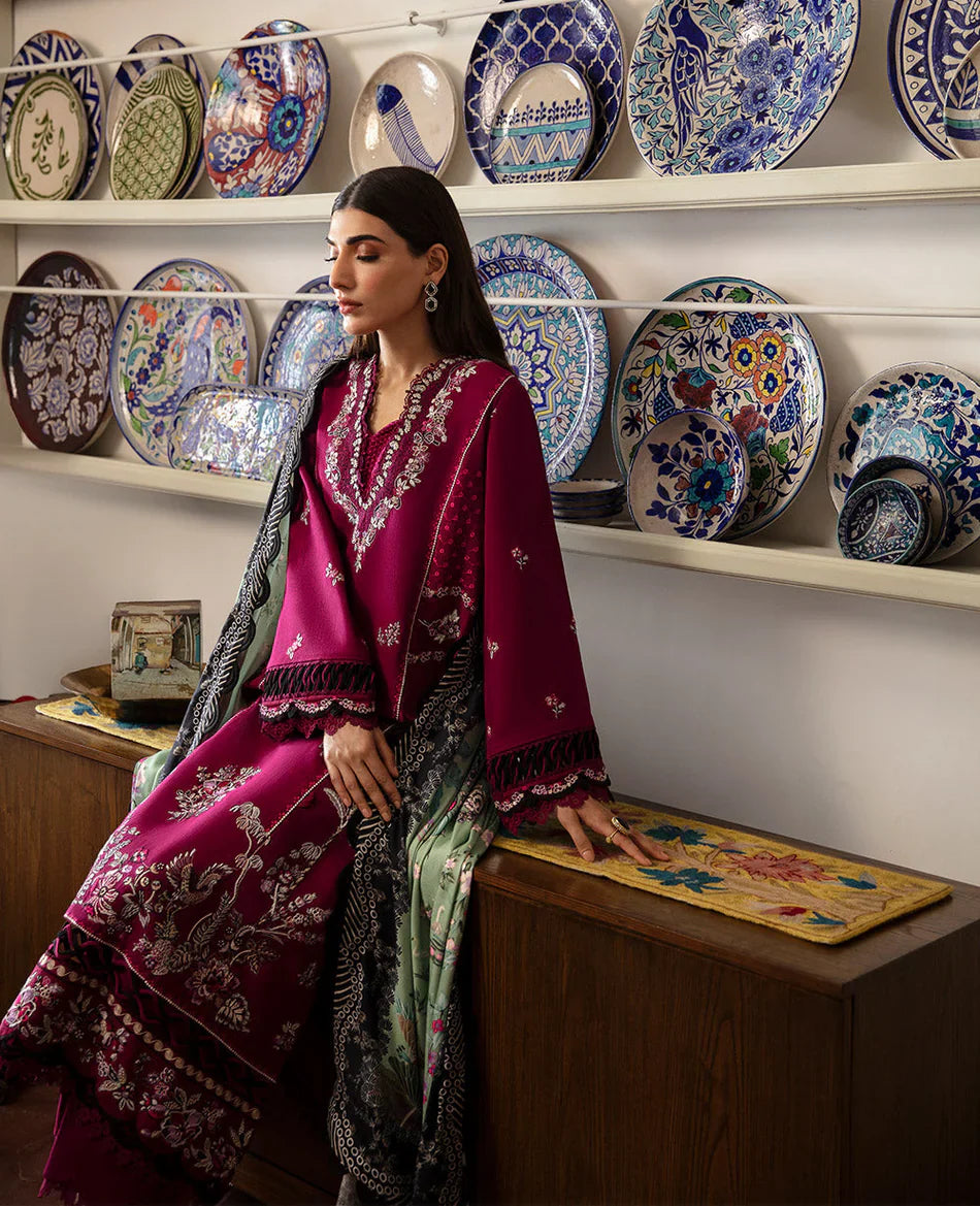REPUBLIC WOMENSWEAR - 3PC DHANAK EMBROIDERED SHIRT WITH TWILL PRINTED SHAWL AND TROUSER - HZG2403