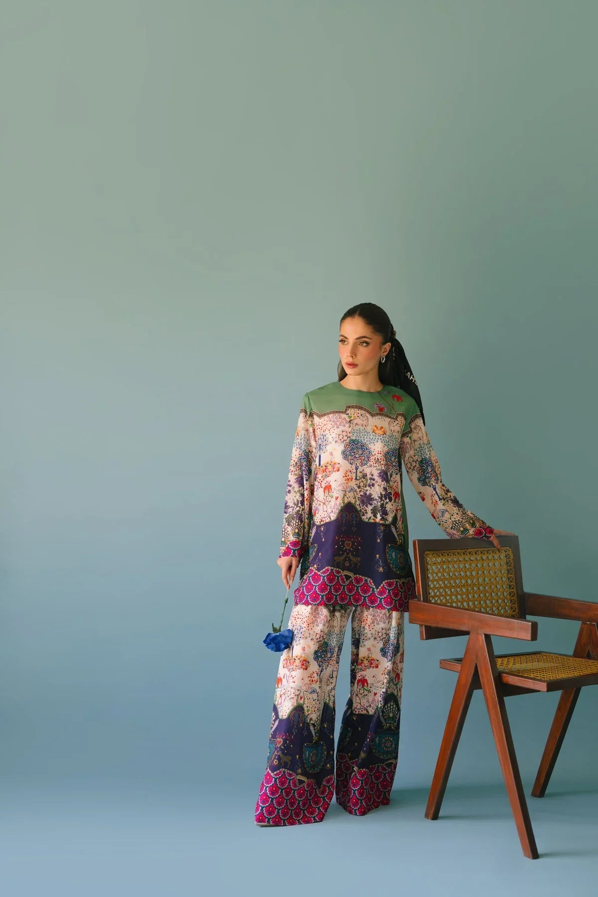 ETHNC - 2PC SILK PRINTED SHIRT WITH SILK PRINTED TROUSER - HZU2499