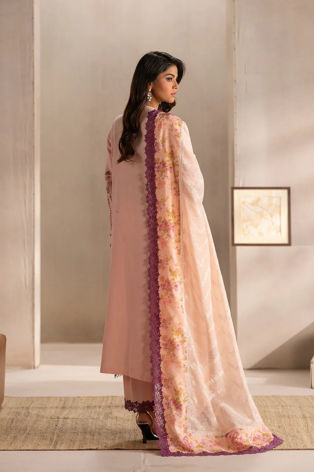 ETHNIC - 3PC LAWN EMBROIDERED SHIRT WITH MANAAR PRINTED DUPATTA AND TROUSER - HZG2211