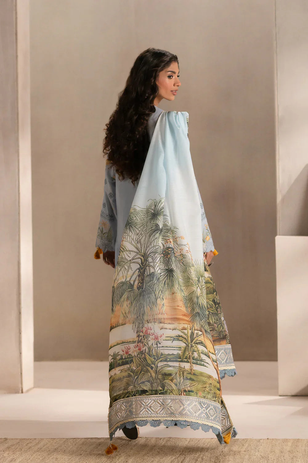 ETHNIC - 3PC LAWN EMBROIDERED SHIRT WITH MANAAR PRINTED DUPATTA AND TROUSER - HZG2213
