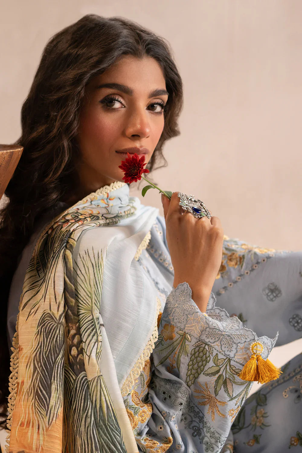 ETHNIC - 3PC LAWN EMBROIDERED SHIRT WITH MANAAR PRINTED DUPATTA AND TROUSER - HZG2213
