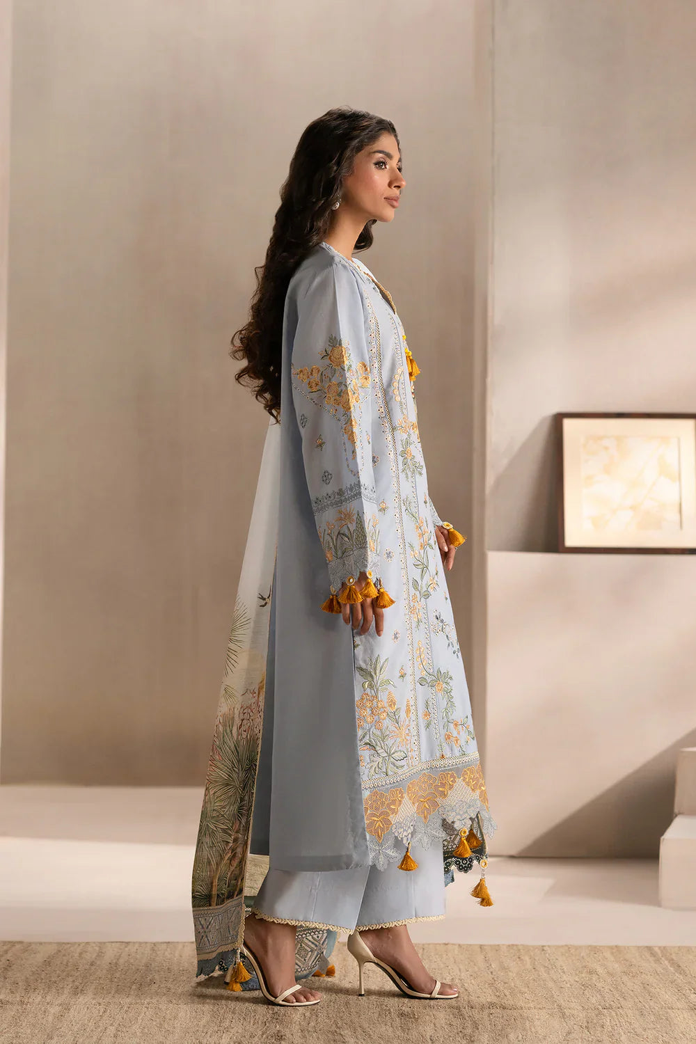 ETHNIC - 3PC LAWN EMBROIDERED SHIRT WITH MANAAR PRINTED DUPATTA AND TROUSER - HZG2213