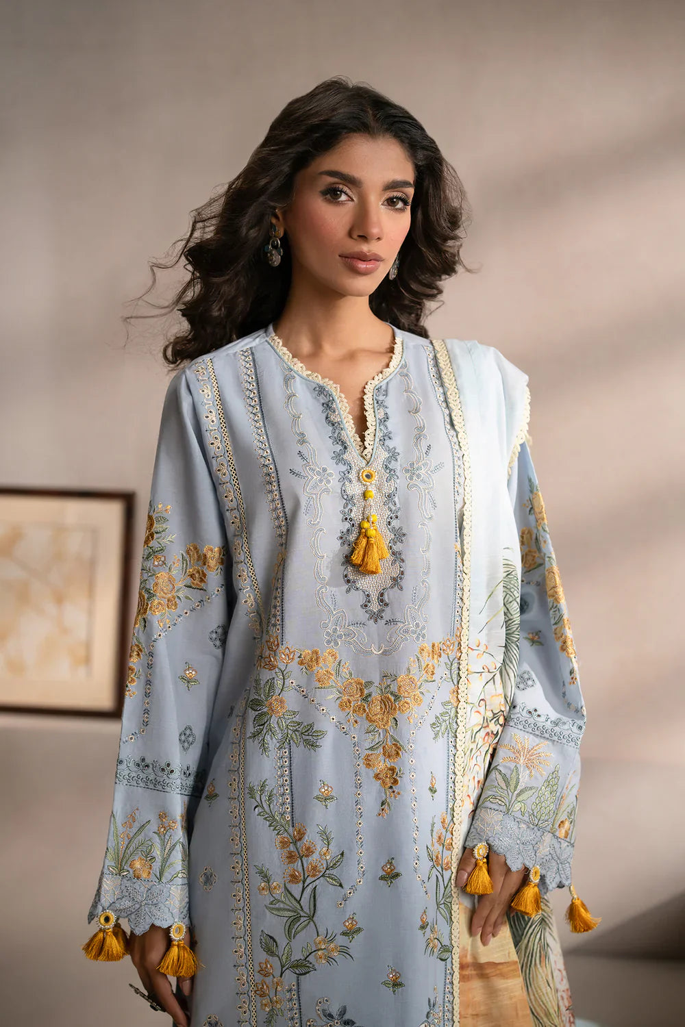 ETHNIC - 3PC LAWN EMBROIDERED SHIRT WITH MANAAR PRINTED DUPATTA AND TROUSER - HZG2213