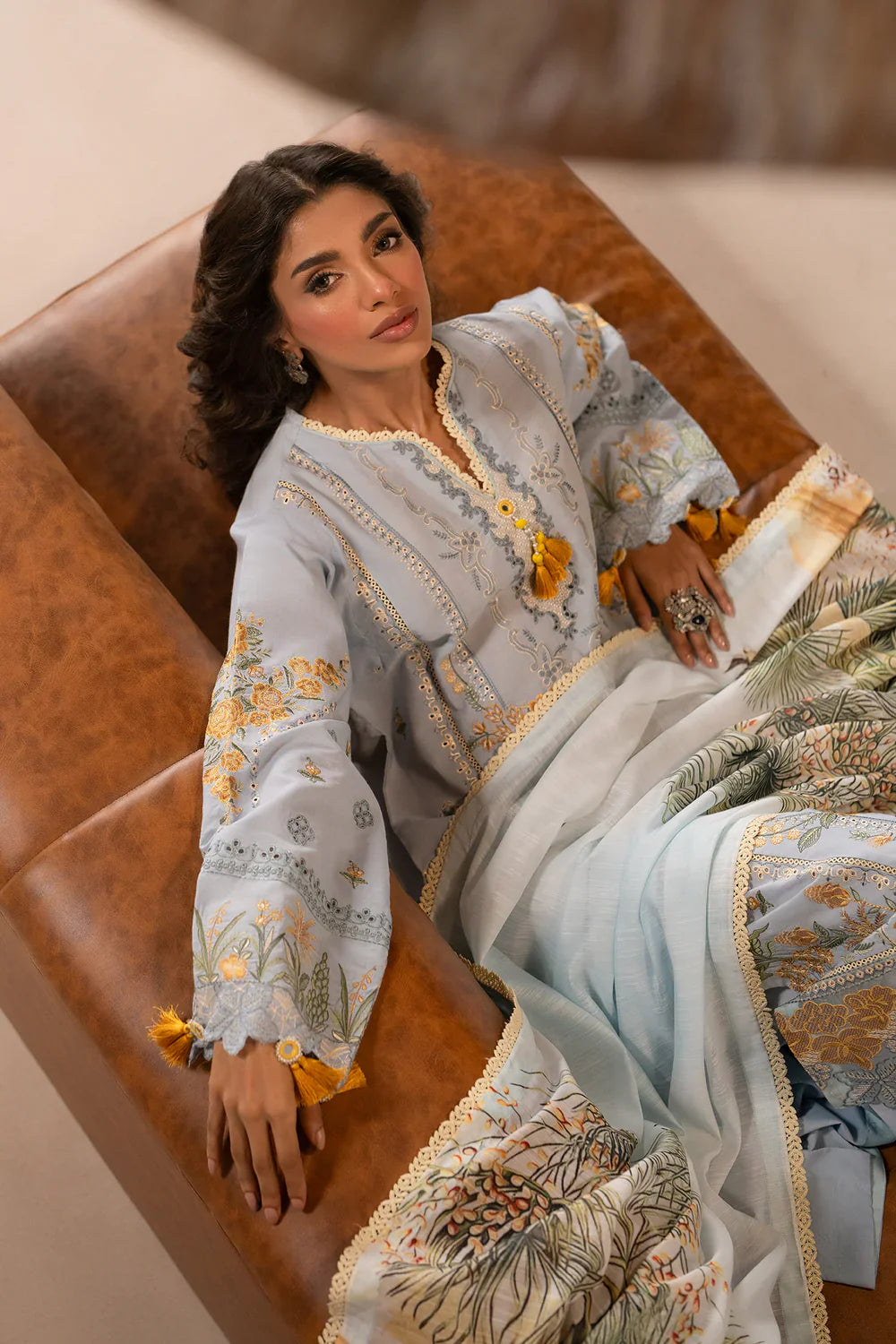 ETHNIC - 3PC LAWN EMBROIDERED SHIRT WITH MANAAR PRINTED DUPATTA AND TROUSER - HZG2213