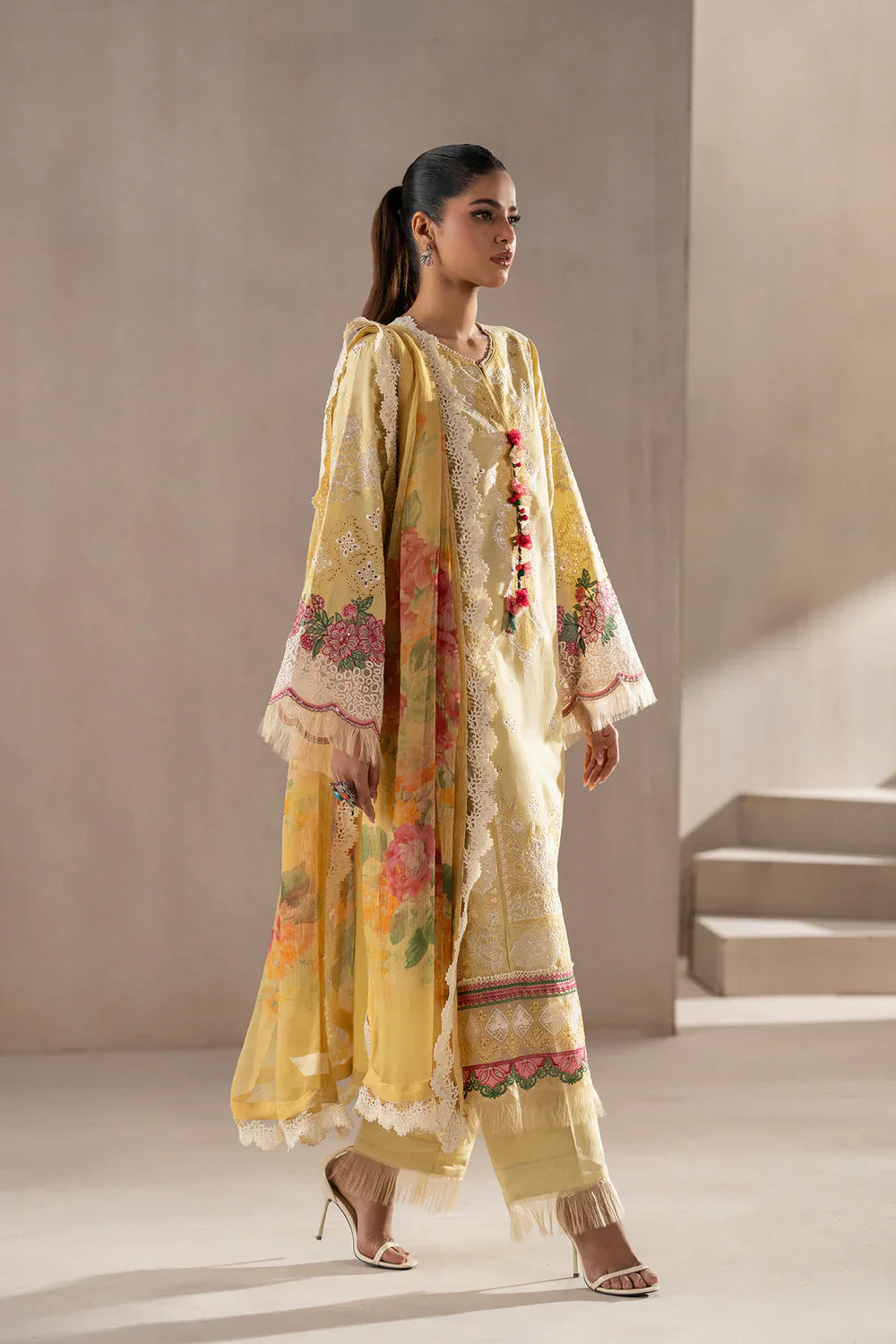 ETHNIC - 3PC LAWN EMBROIDERED SHIRT WITH CHIFFON PRINTED DUPATTA AND TROUSER - HZG2212