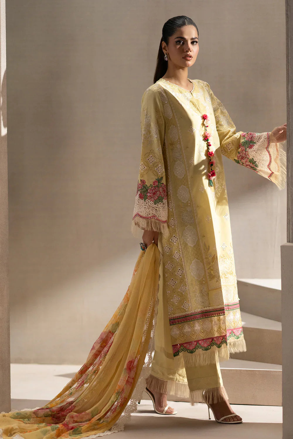 ETHNIC - 3PC LAWN EMBROIDERED SHIRT WITH CHIFFON PRINTED DUPATTA AND TROUSER - HZG2212