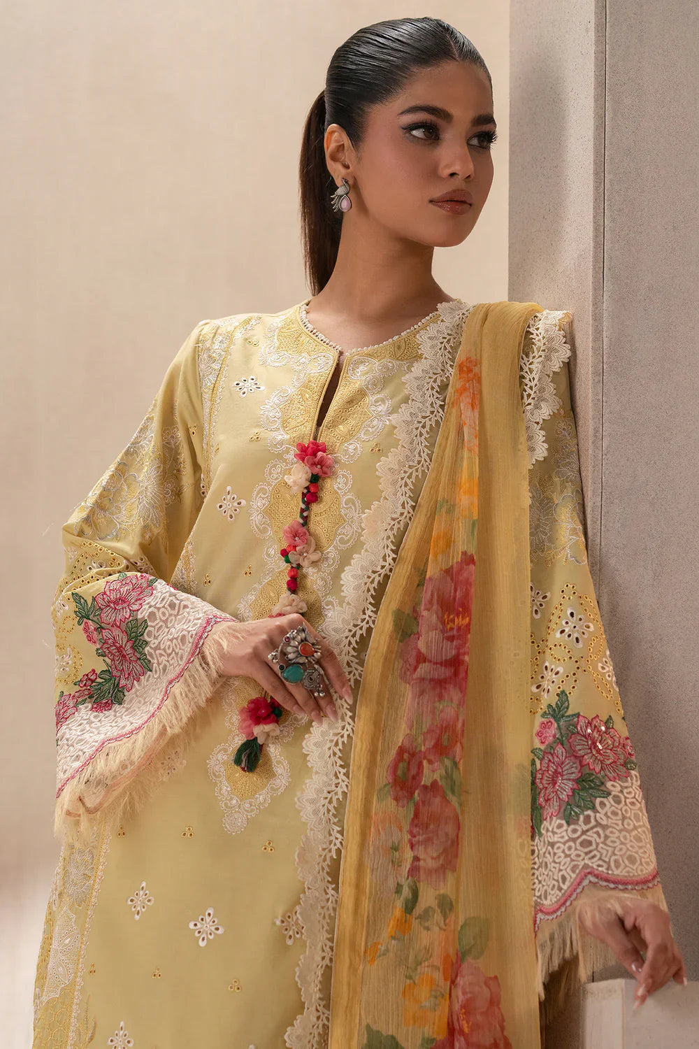 ETHNIC - 3PC LAWN EMBROIDERED SHIRT WITH CHIFFON PRINTED DUPATTA AND TROUSER - HZG2212