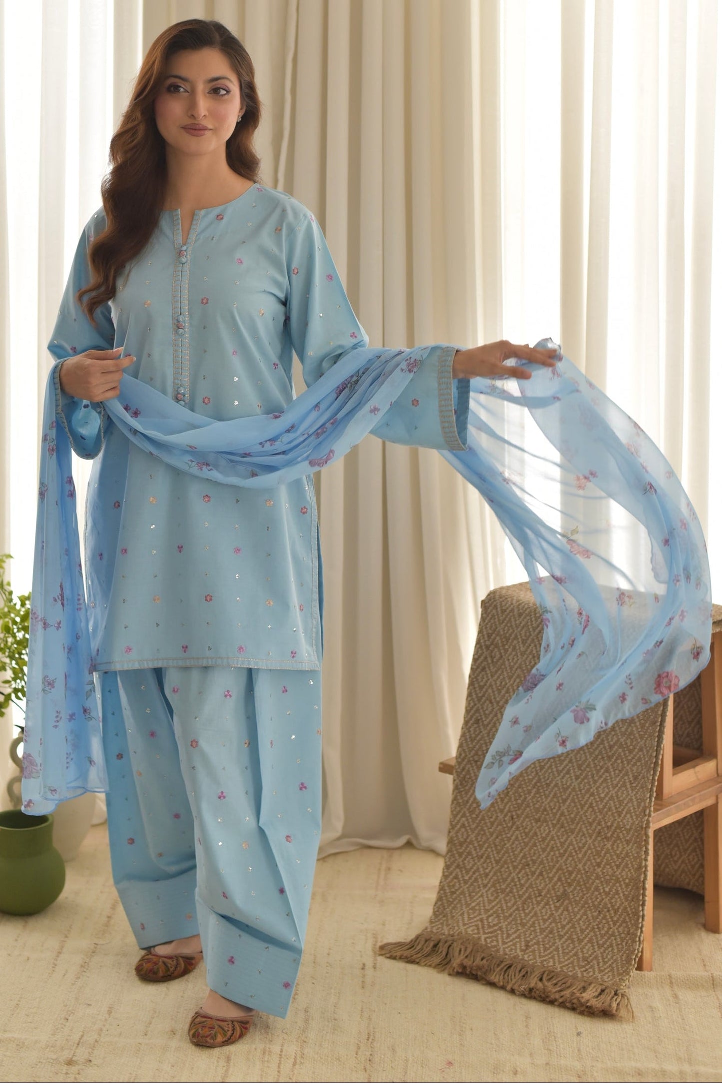 AISLING - 3PC DHANAK EMBROIDERED SHIRT WITH CHIFFON PRINTED DUPATTA AND TROUSER - HZU2533