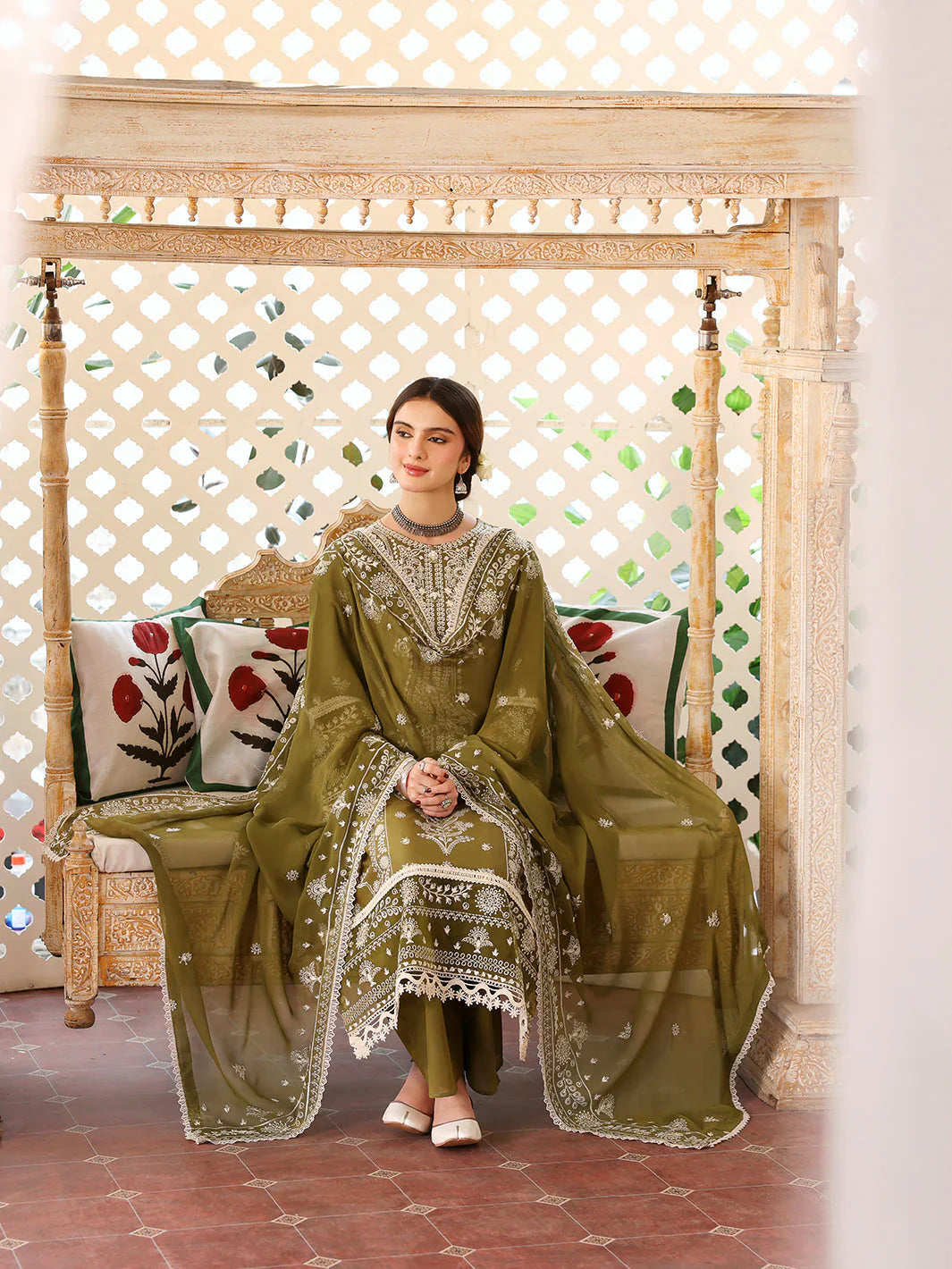 MAHNUR - 3PC DHANAK EMBROIDERED SHIRT WITH DHANAK EMBROIDERED SHAWL AND TROUSER - HZG2227