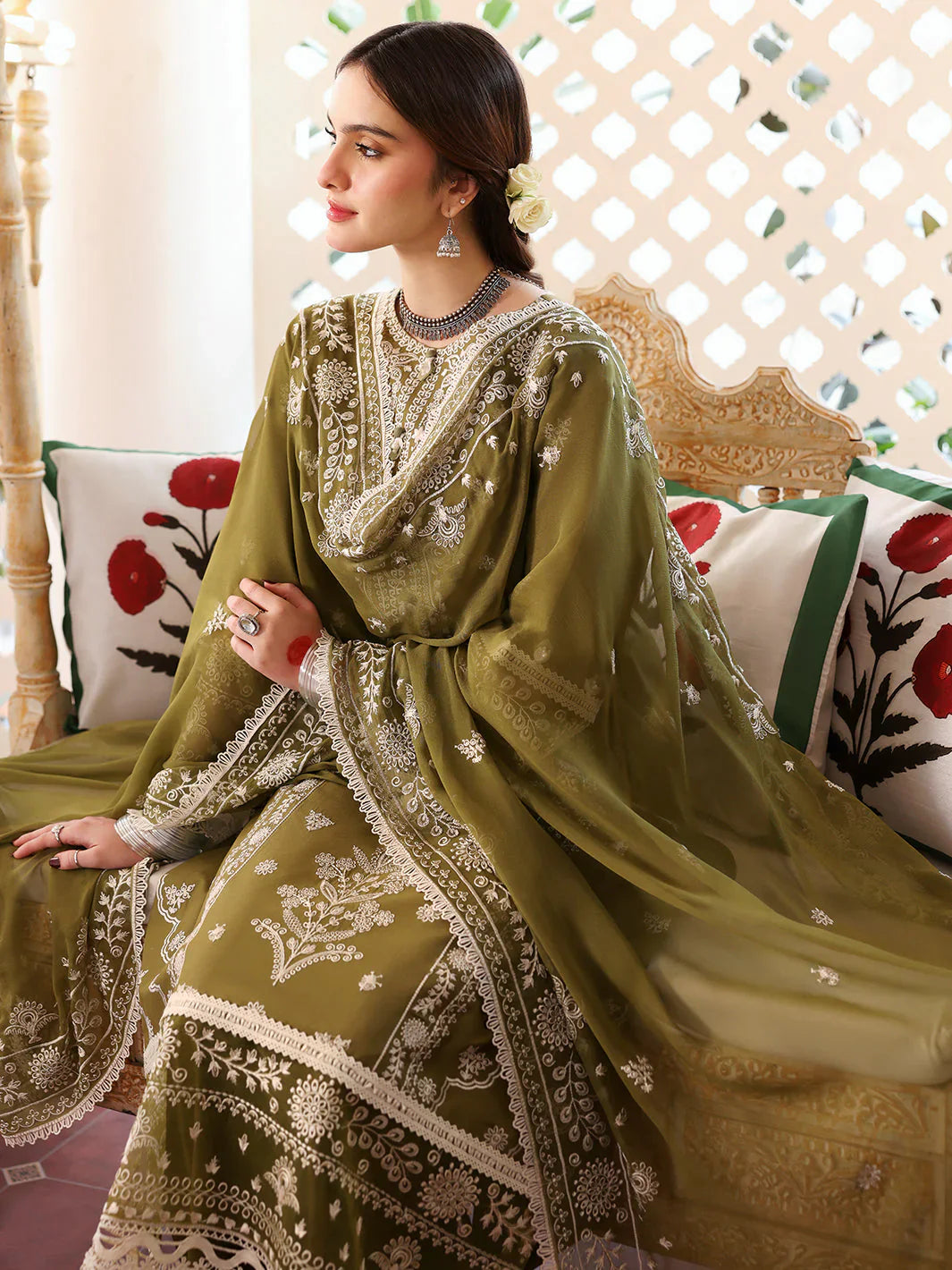 MAHNUR - 3PC DHANAK EMBROIDERED SHIRT WITH DHANAK EMBROIDERED SHAWL AND TROUSER - HZG2227