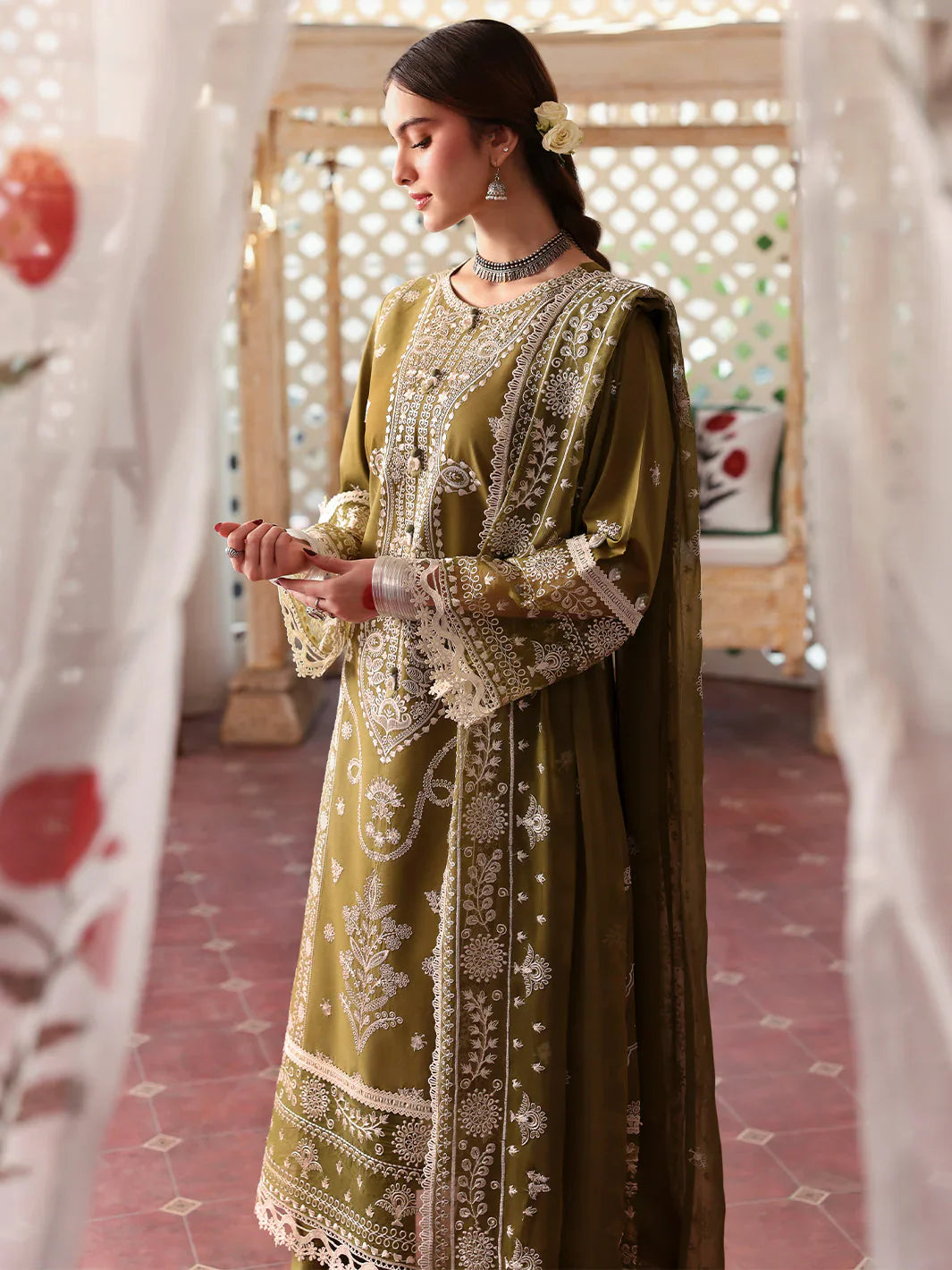 MAHNUR - 3PC DHANAK EMBROIDERED SHIRT WITH DHANAK EMBROIDERED SHAWL AND TROUSER - HZG2227