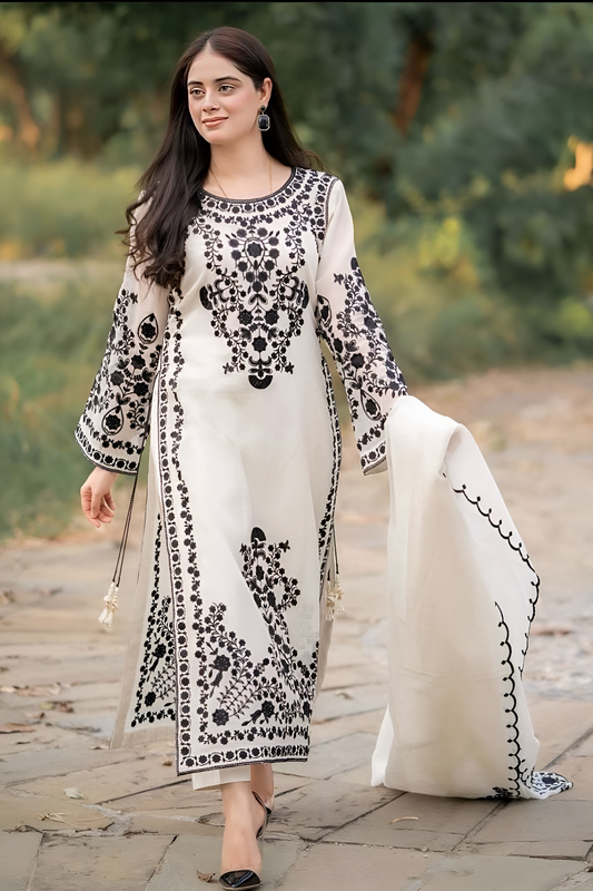 AZURE - 3PC DHANAK EMBROIDERED SHIRT WITH COTTON NET DUPATTA AND TROUSER - HZG1821