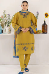 HANNA - 3PC KHADDAR EMBROIDERED SHIRT WITH TWILL PRINTED SHAWL AND TROUSER - HZG1784