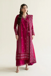 ZAIB - 3PC LAWN EMBROIDERED SHIRT WITH KHADDI NET EMBROIDERED DUPATTA AND TROUSER - HZG2745