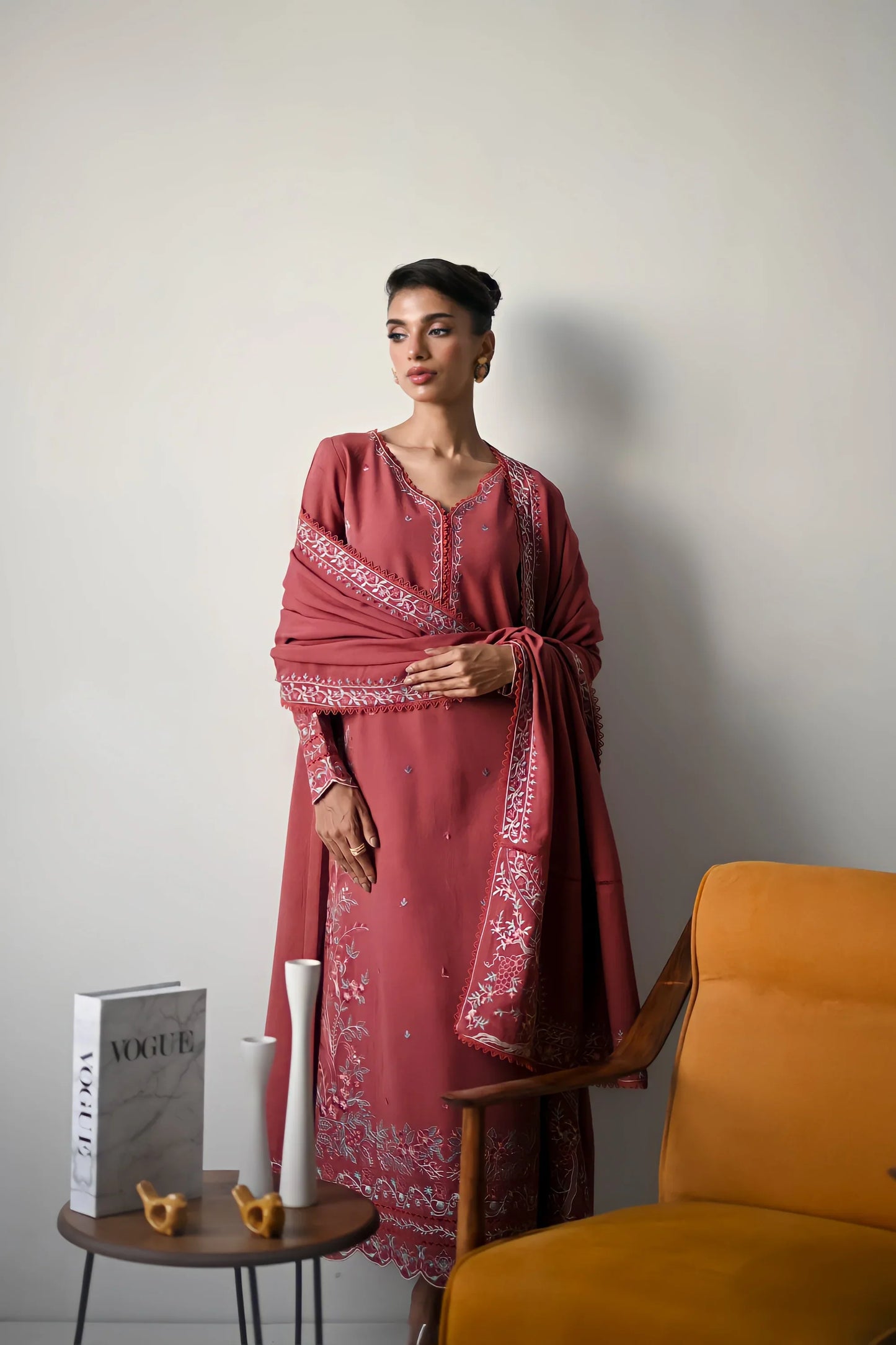 BATIK - 3PC DHANAK EMBROIDERED SHIRT WITH DHANAK EMBROIDERED SHAWL AND TROUSER - HZU2488
