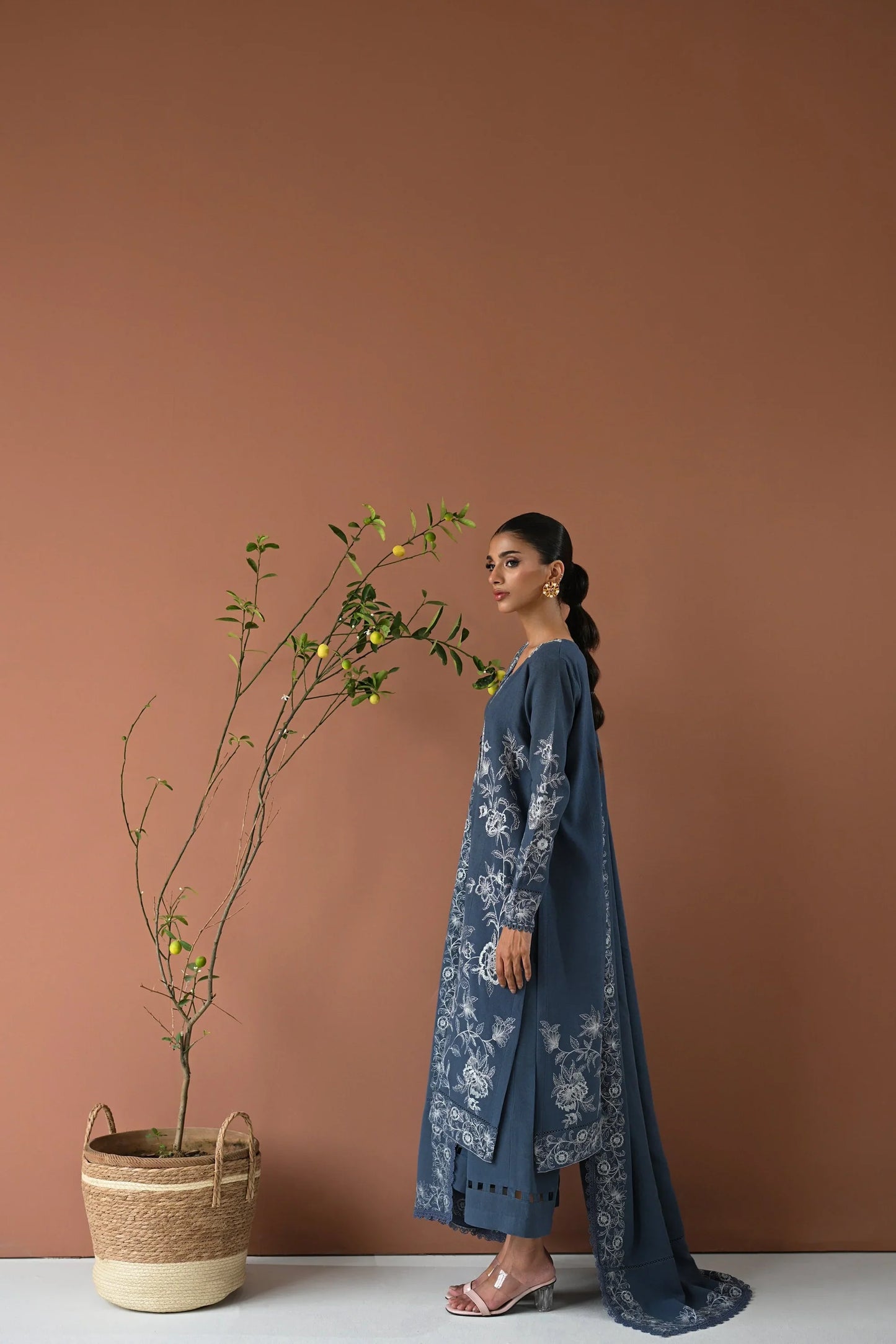 BATIK - 3PC DHANAK EMBROIDERED SHIRT WITH DHANAK EMBROIDERED SHAWL AND TROUSER - HZU2487