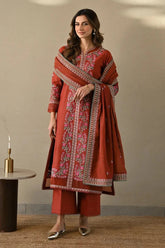 ZAIB - 3PC DHANAK EMBROIDERED SHIRT WITH DHANAK EMBROIDERED SHAWL AND TROUSER - HZU2595