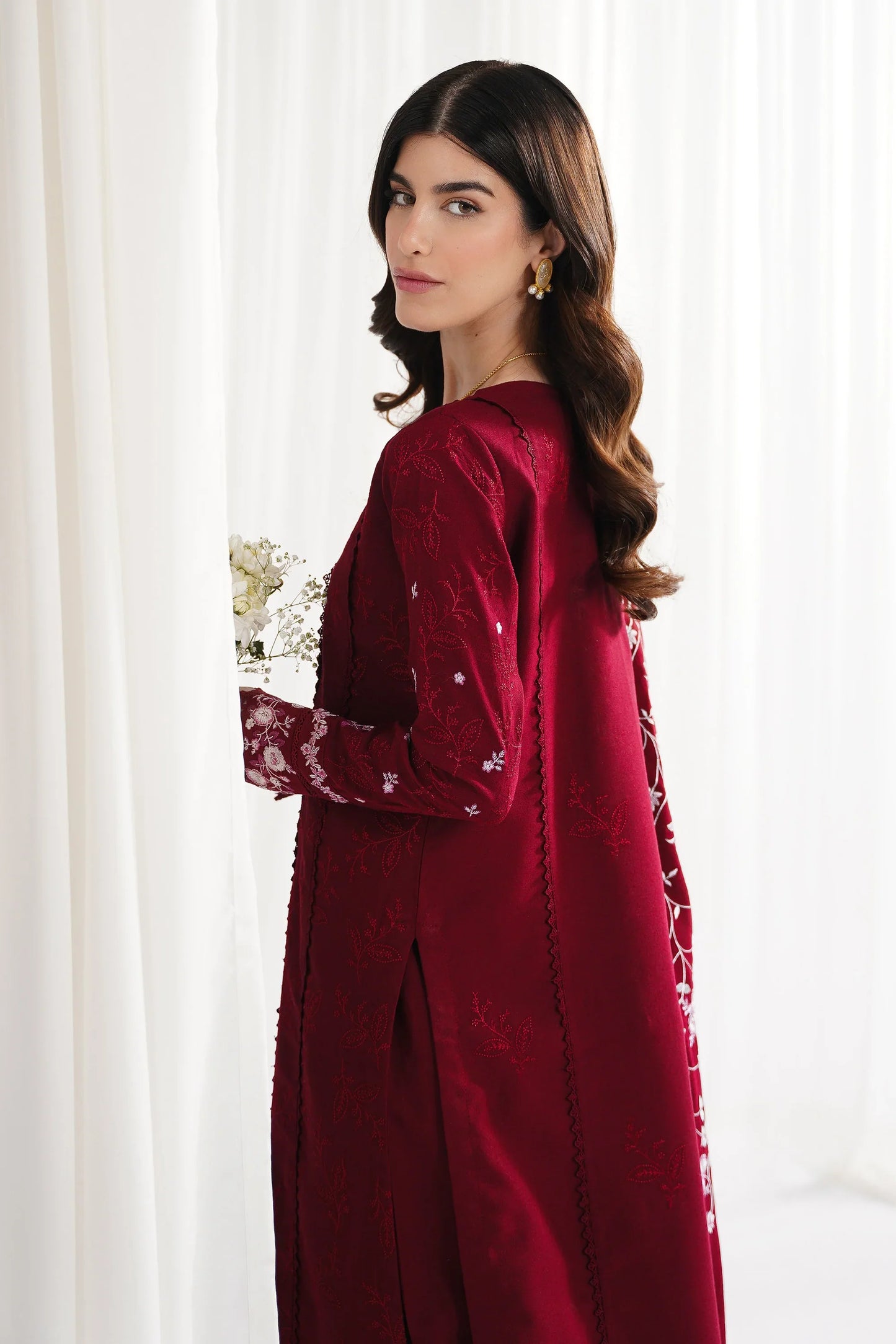 REPUBLIC WOMENSWEAR - 3PC DHANAK EMBROIDERED SHIRT WITH DHANAK EMBROIDERED SHAWL AND TROUSER - HZU2472