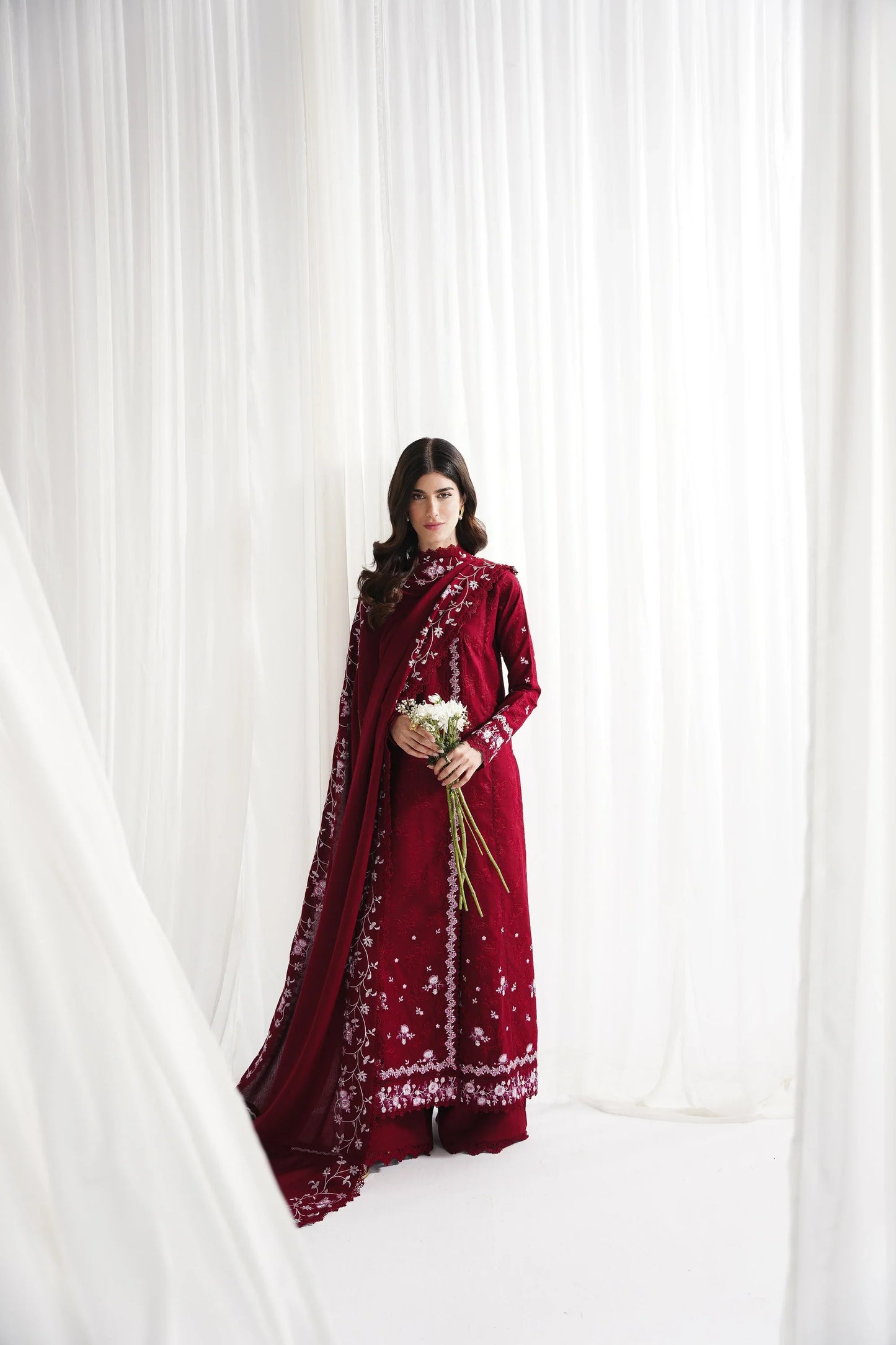 REPUBLIC WOMENSWEAR - 3PC DHANAK EMBROIDERED SHIRT WITH DHANAK EMBROIDERED SHAWL AND TROUSER - HZU2472