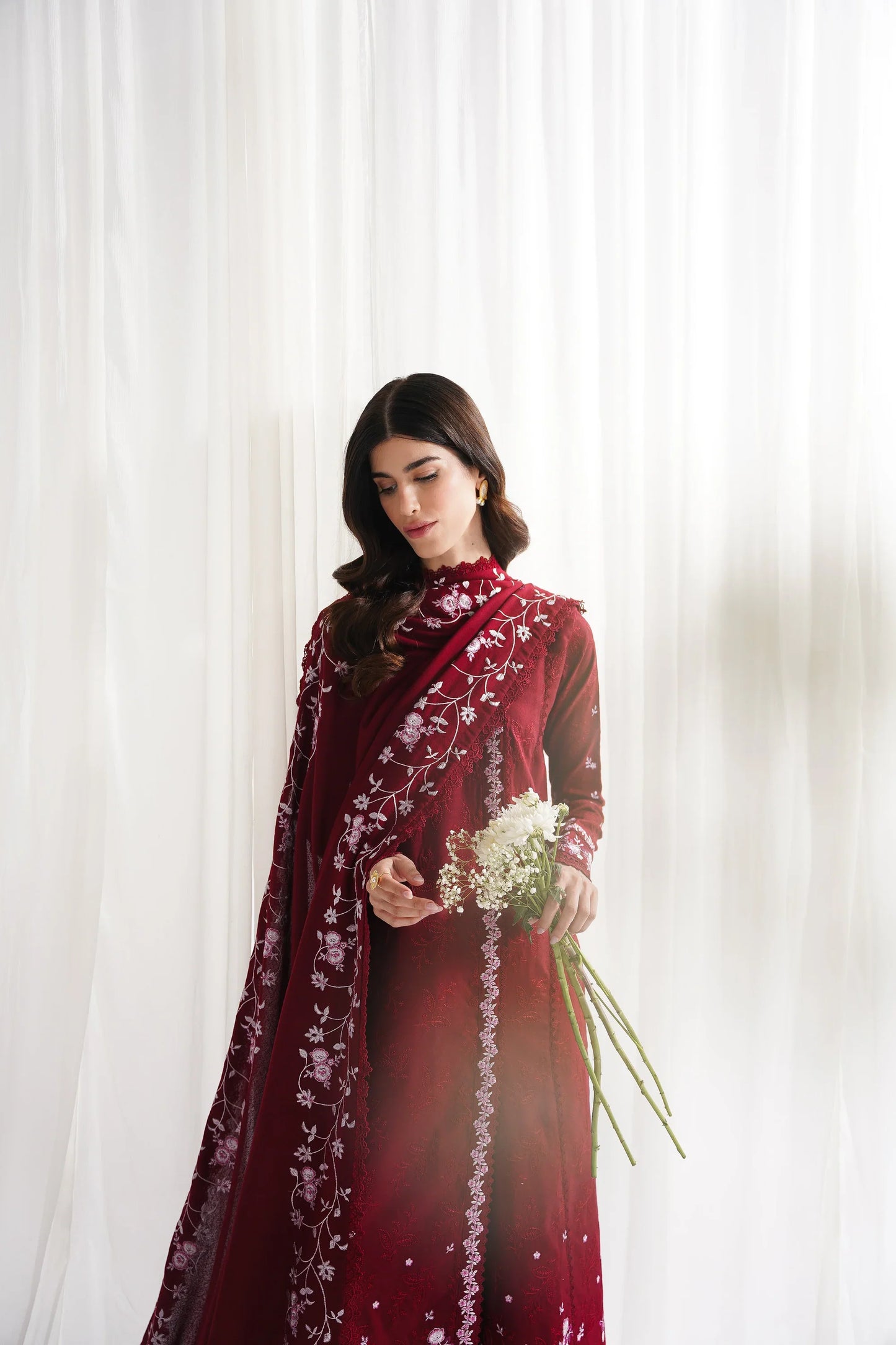 REPUBLIC WOMENSWEAR - 3PC DHANAK EMBROIDERED SHIRT WITH DHANAK EMBROIDERED SHAWL AND TROUSER - HZU2472