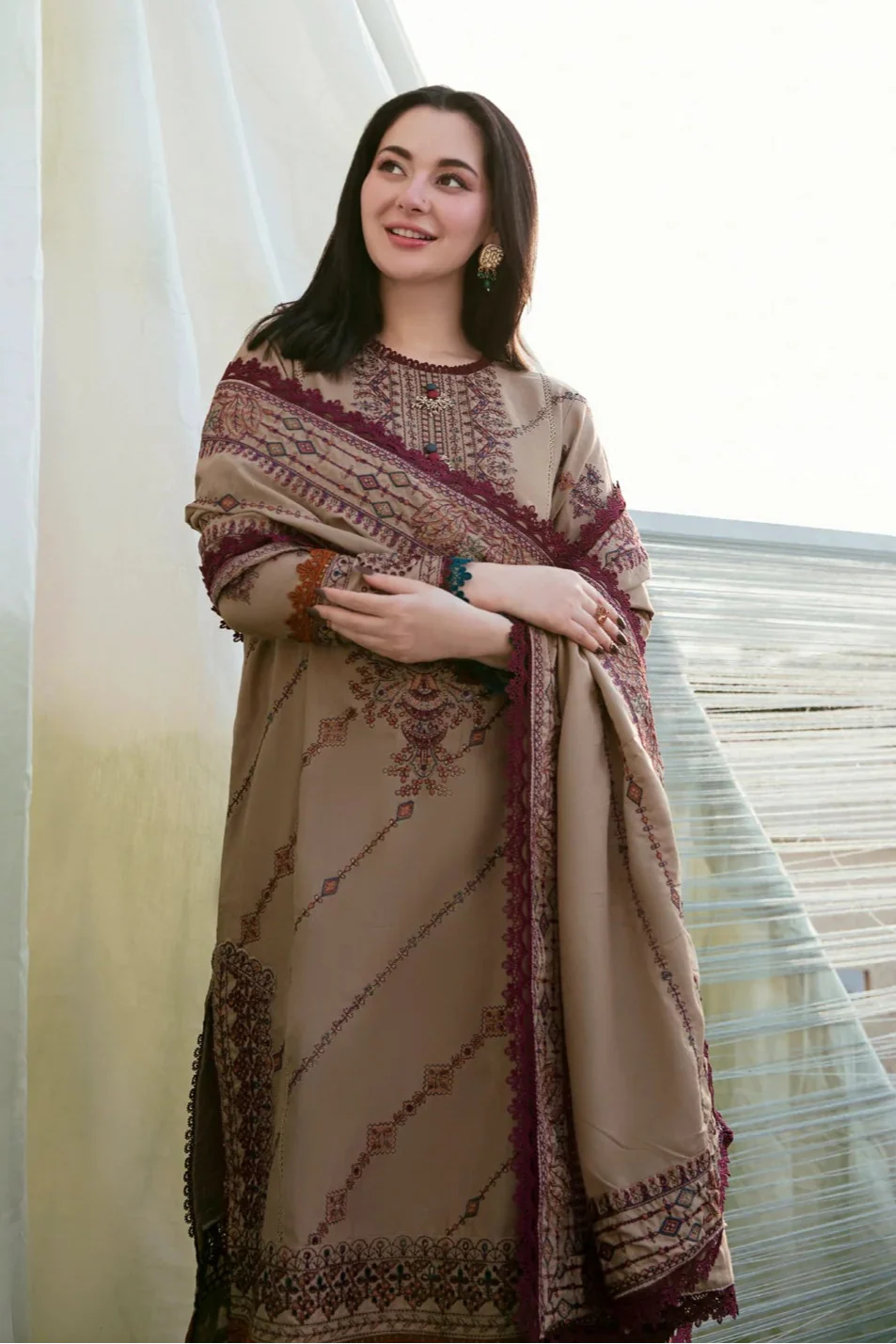 FLORENT - 3PC DHANAK EMBROIDERED SHIRT WITH DHANAK EMBROIDERED SHAWL AND TROUSER - HZG2368