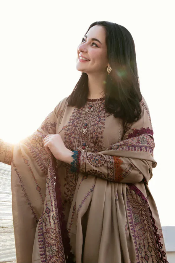 FLORENT - 3PC DHANAK EMBROIDERED SHIRT WITH DHANAK EMBROIDERED SHAWL AND TROUSER - HZG2368