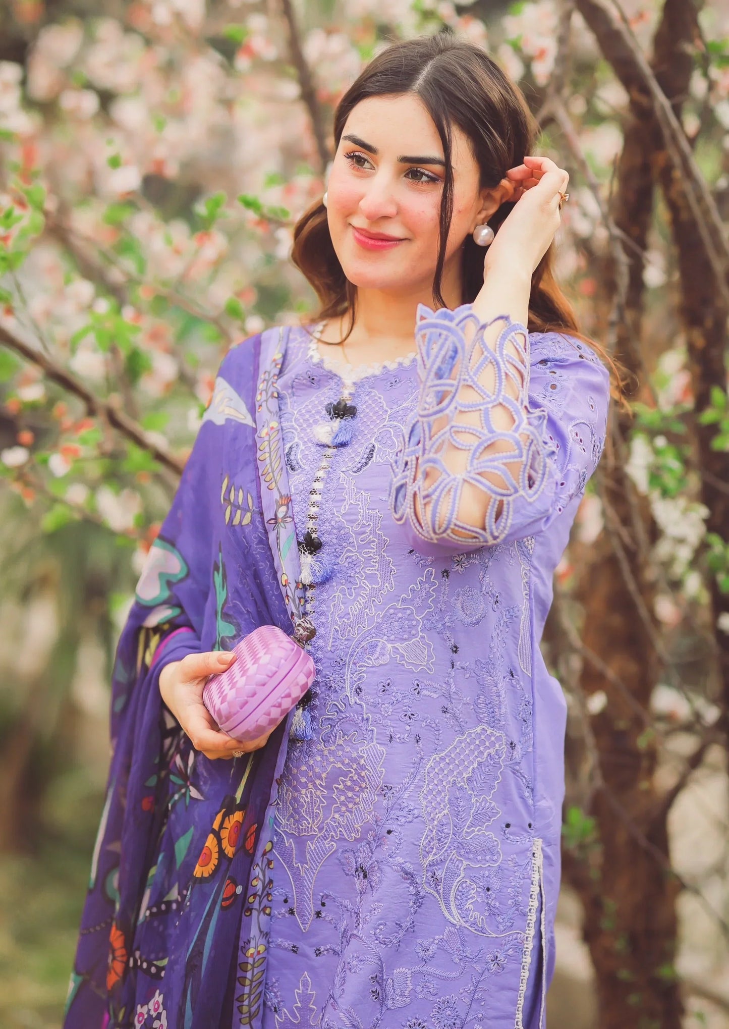 MUSHQ - 3PC DHANAK EMBROIDERED SHIRT WITH SILK PRINTED DUPATA AND TROUSER - HZG2543