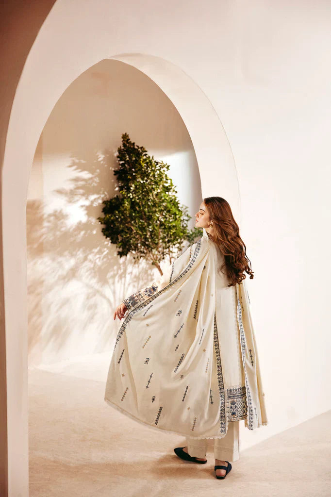 FLORENT - 3PC DHANAK EMBROIDERED SHIRT WITH DHANAK EMBROIDERED SHAWL AND TROUSER - HZG1935