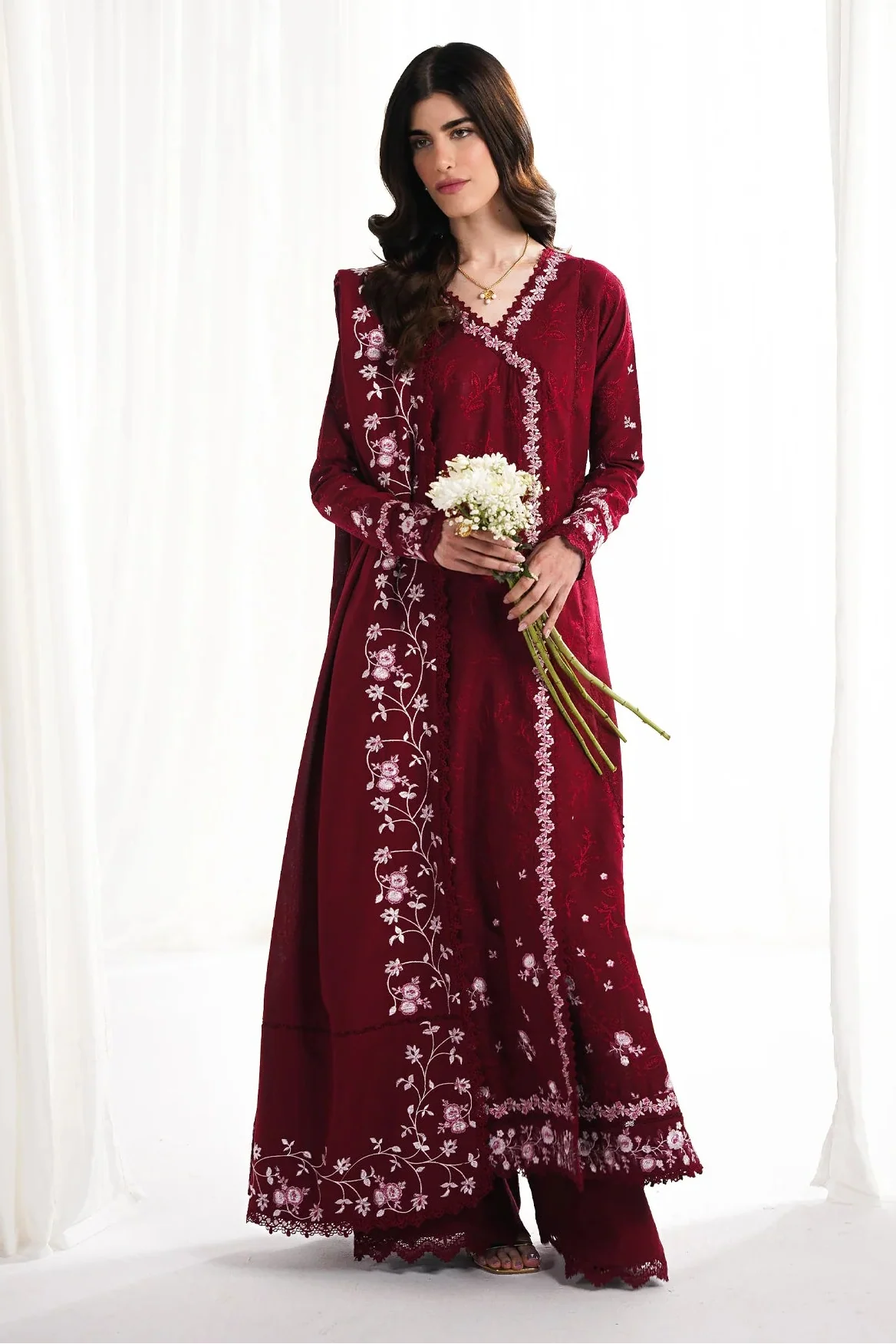 REPUBLIC WOMENSWEAR - 3PC DHANAK EMBROIDERED SHIRT WITH DHANAK EMBROIDERED SHAWL AND TROUSER - HZU2472