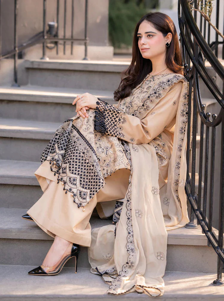GARNET - 3PC DHANAK EMBROIDERED SHIRT WITH CHIFFON EMBROIDERED DUPATTA AND TROUSER - HZG2364