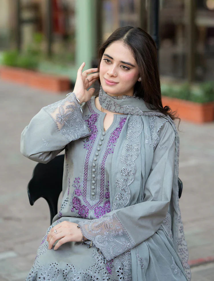 LIBAAS - 3PC DHANAK EMBROIDERED SHIRT WITH DHANAK EMBROIDERED SHAWL AND TROUSER - HZU2493