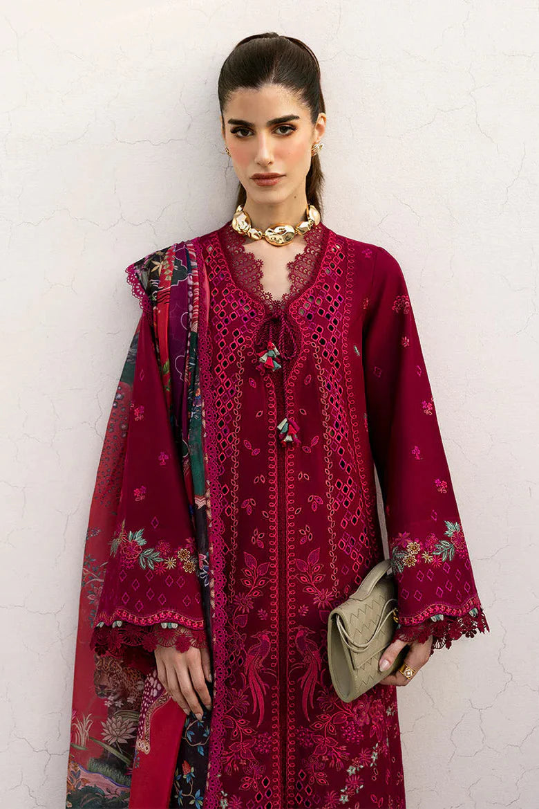 REPUBLIC WOMENSWEAR - 3PC DHANAK EMBROIDERED SHIRT WITH TWILL PRINTED SHAWL AND TROUSER - HZU2484