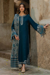 IZEL - 3PC DHANAK EMBROIDERED SHIRT WITH TWILL PRINTED SHAWL AND TROUSER - HZU2584
