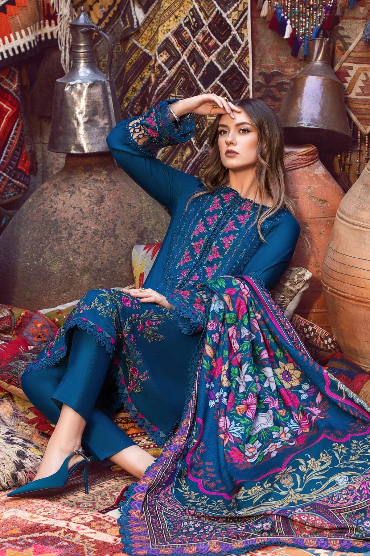 MARIA B - 3PC DHANAK EMBROIDERED SHIRT WITH COTRAI WOOL PRINTED SHAWL AND TROUSER - HZG1429