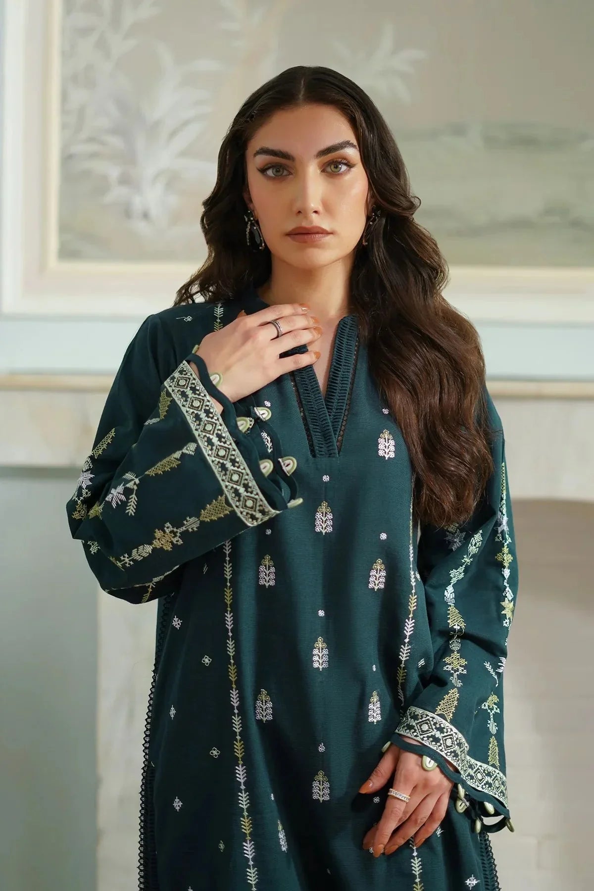 BATIK - 3PC DHANAK EMBROIDERED SHIRT WITH DHANAK EMBROIDERED SHAWL AND TROUSER - HZG2372