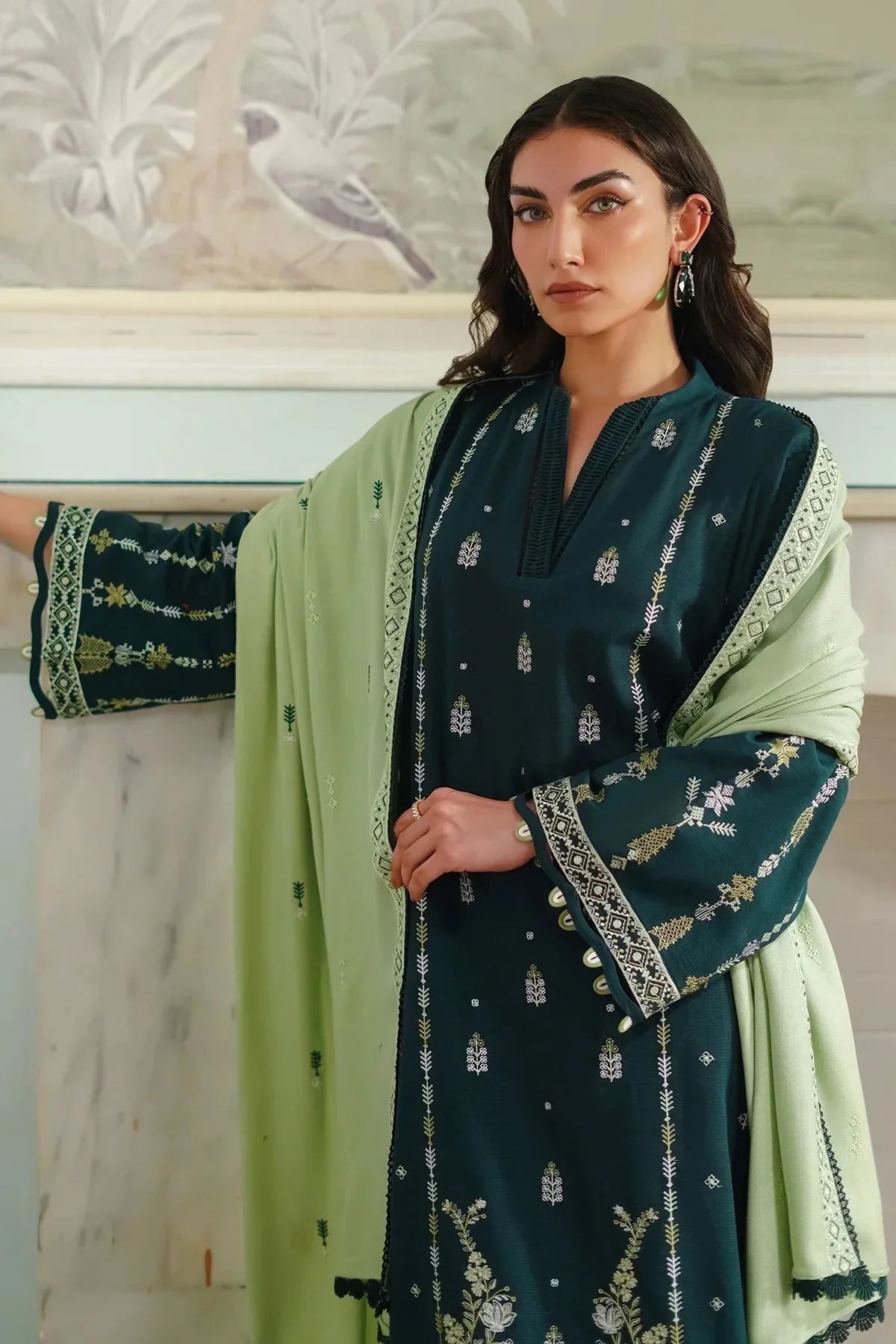 BATIK - 3PC DHANAK EMBROIDERED SHIRT WITH DHANAK EMBROIDERED SHAWL AND TROUSER - HZG2372