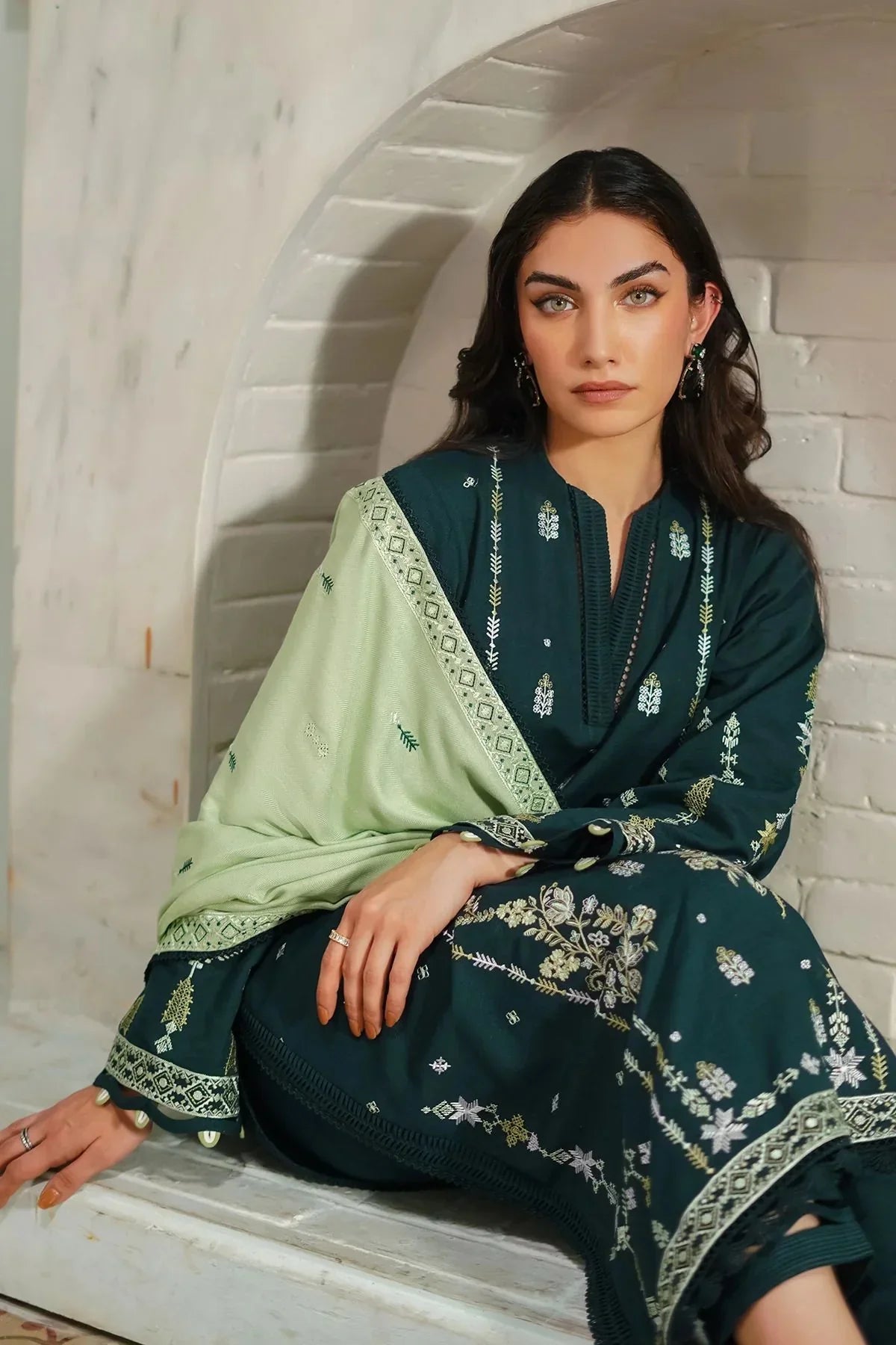 BATIK - 3PC DHANAK EMBROIDERED SHIRT WITH DHANAK EMBROIDERED SHAWL AND TROUSER - HZG2372