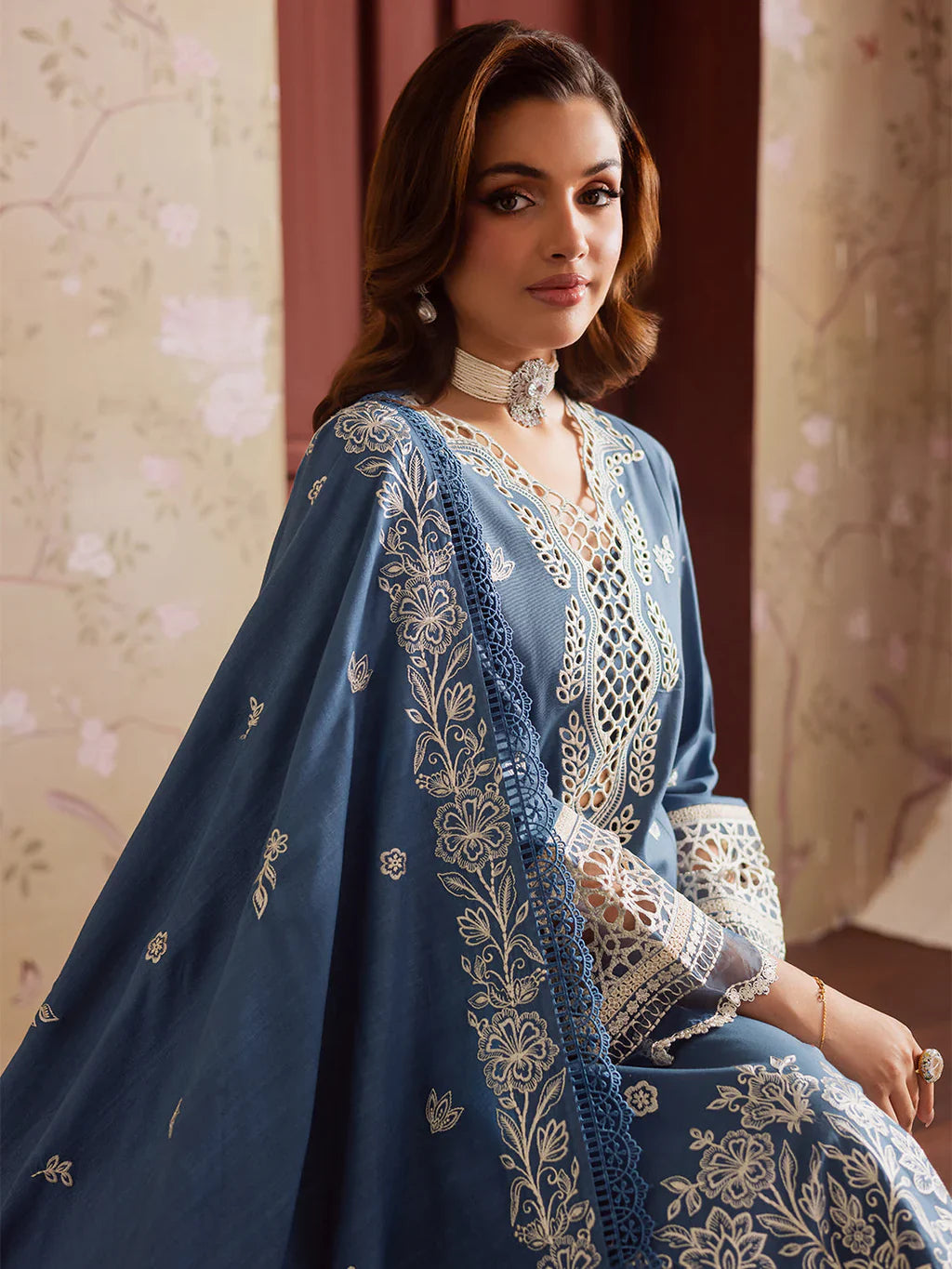 MAHNUR - 3PC DHANAK EMBROIDERED SHIRT WITH DHANAK EMBROIDERED SHAWL AND TROUSER - HZU2491