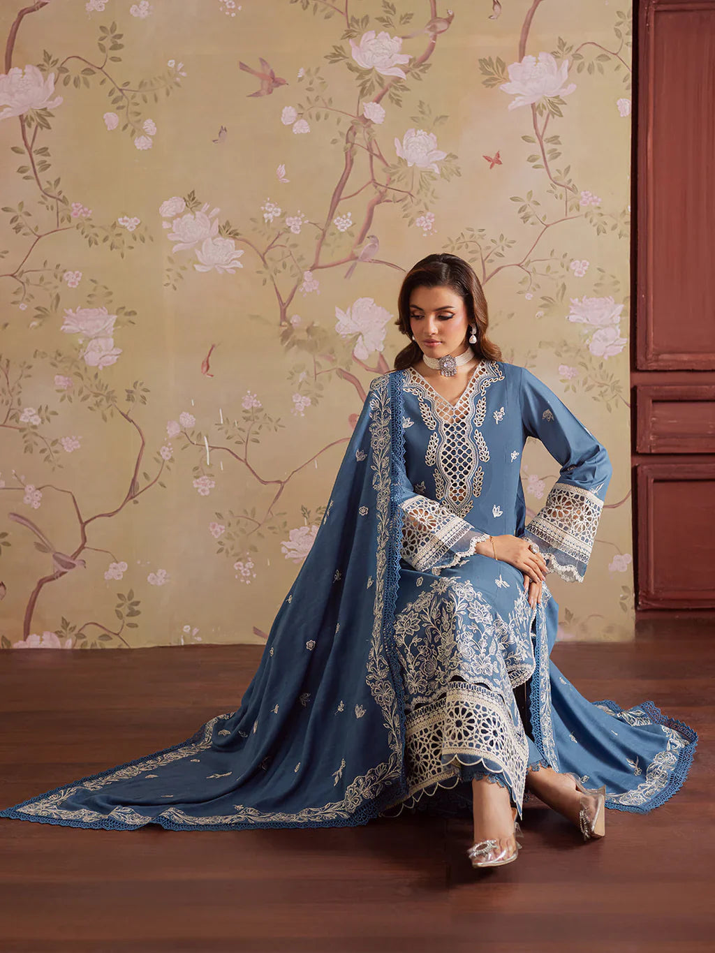 MAHNUR - 3PC DHANAK EMBROIDERED SHIRT WITH DHANAK EMBROIDERED SHAWL AND TROUSER - HZU2491