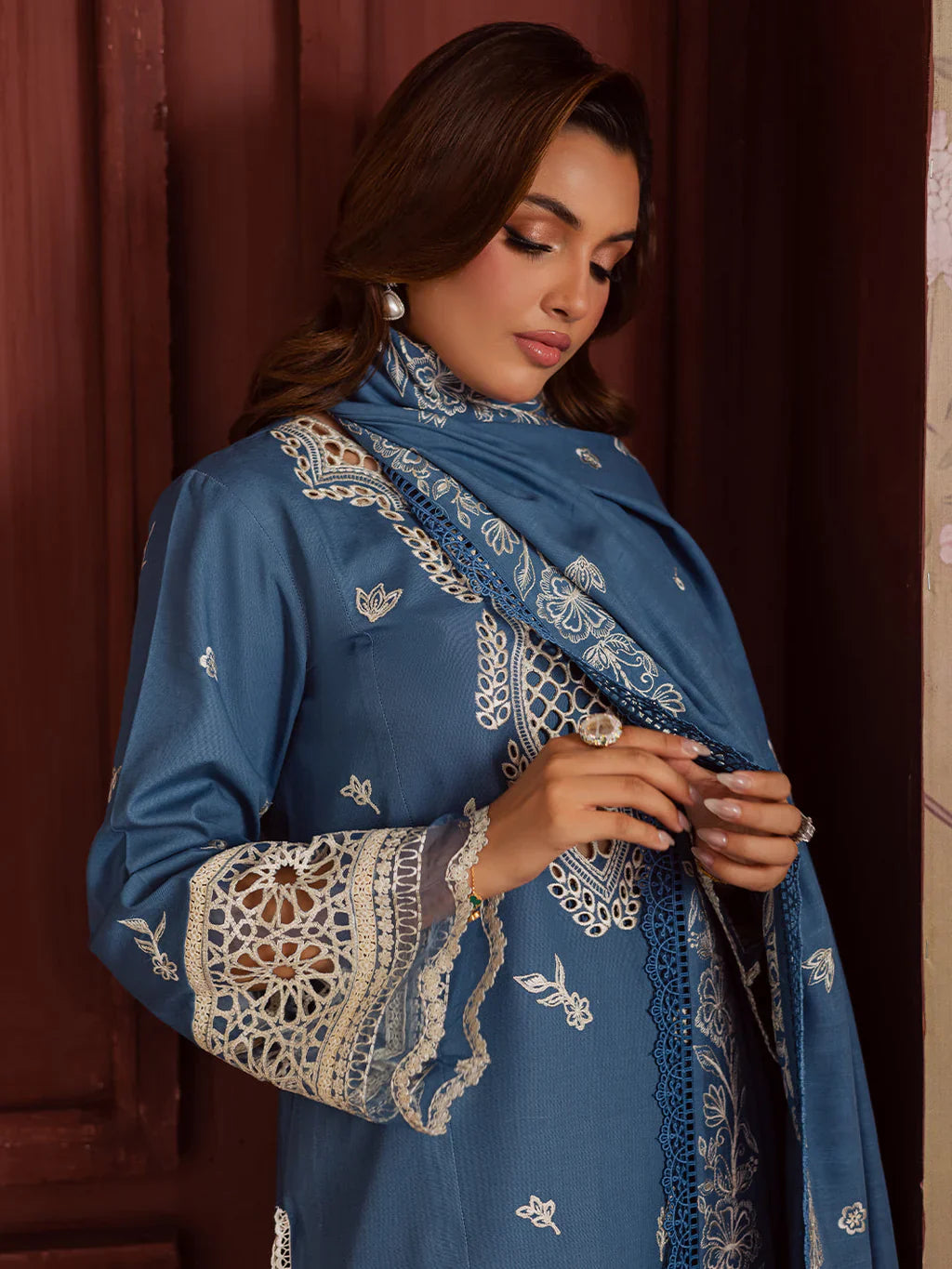 MAHNUR - 3PC DHANAK EMBROIDERED SHIRT WITH DHANAK EMBROIDERED SHAWL AND TROUSER - HZU2491