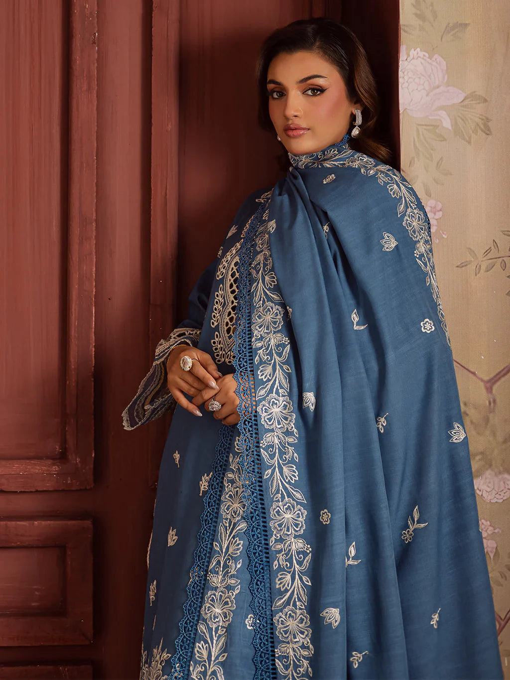 MAHNUR - 3PC DHANAK EMBROIDERED SHIRT WITH DHANAK EMBROIDERED SHAWL AND TROUSER - HZU2491