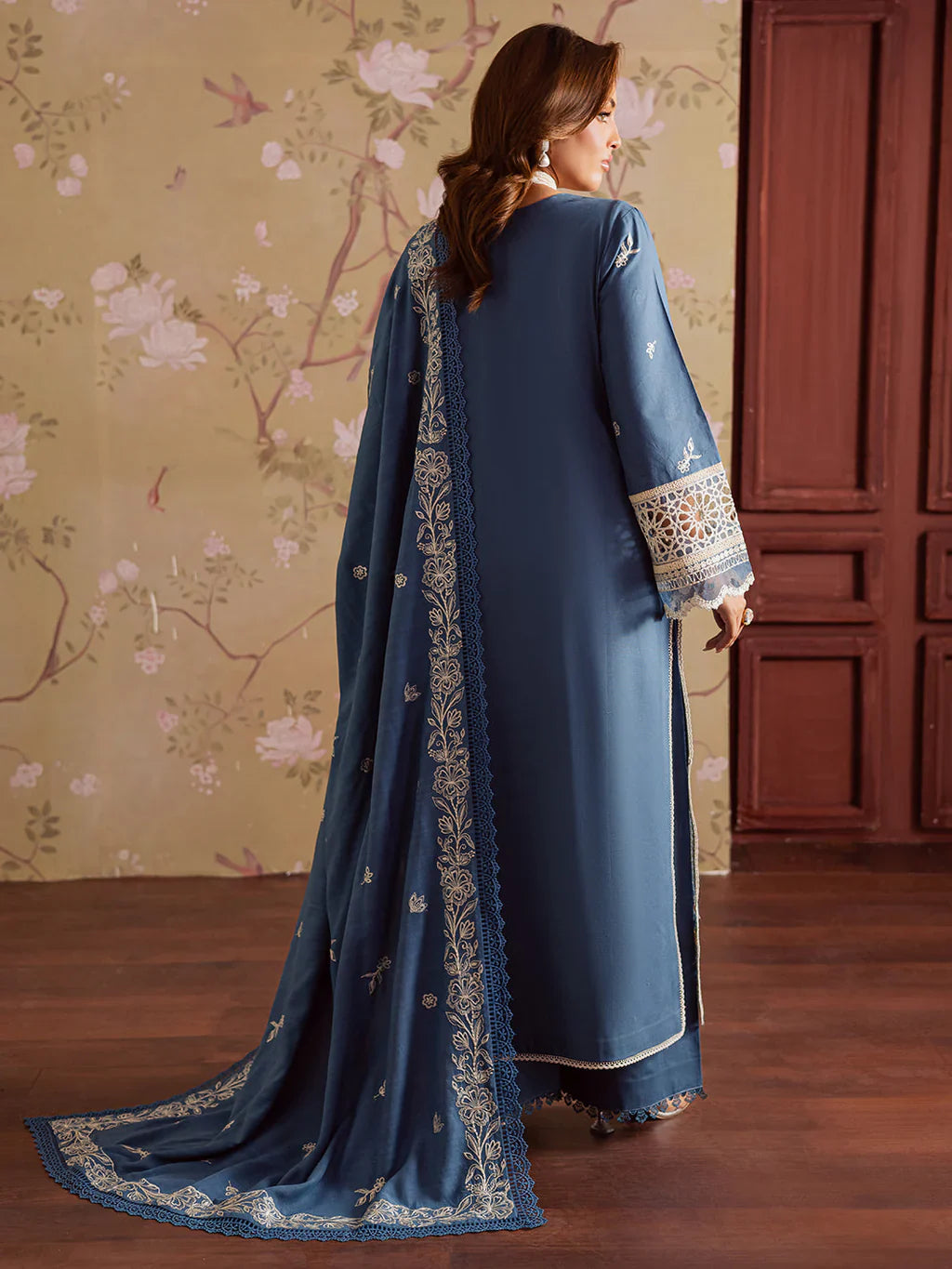 MAHNUR - 3PC DHANAK EMBROIDERED SHIRT WITH DHANAK EMBROIDERED SHAWL AND TROUSER - HZU2491