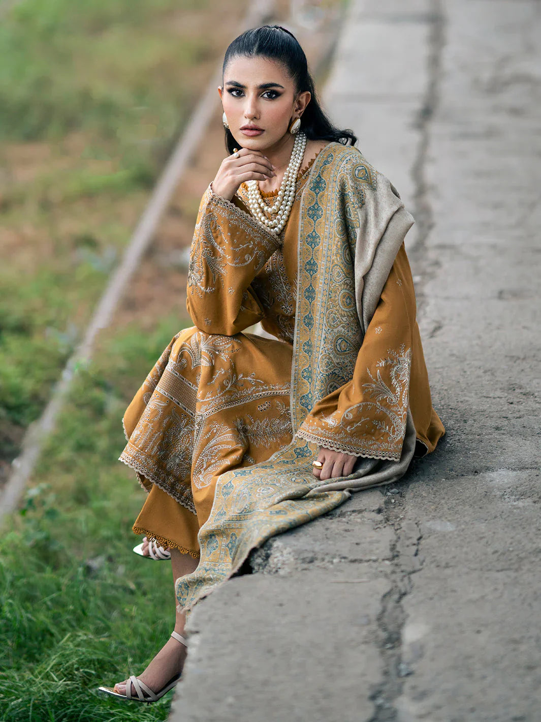 IZEL - 3PC DHANAK EMBROIDERED SHIRT WITH TWILL PRINTED SHAWL AND TROUSER - HZG2370