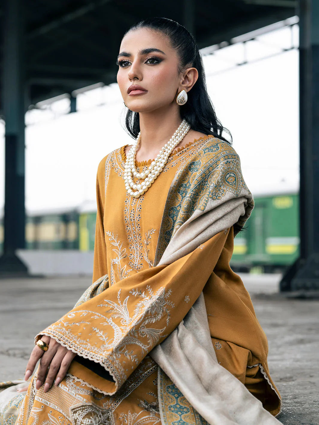 IZEL - 3PC DHANAK EMBROIDERED SHIRT WITH TWILL PRINTED SHAWL AND TROUSER - HZG2370