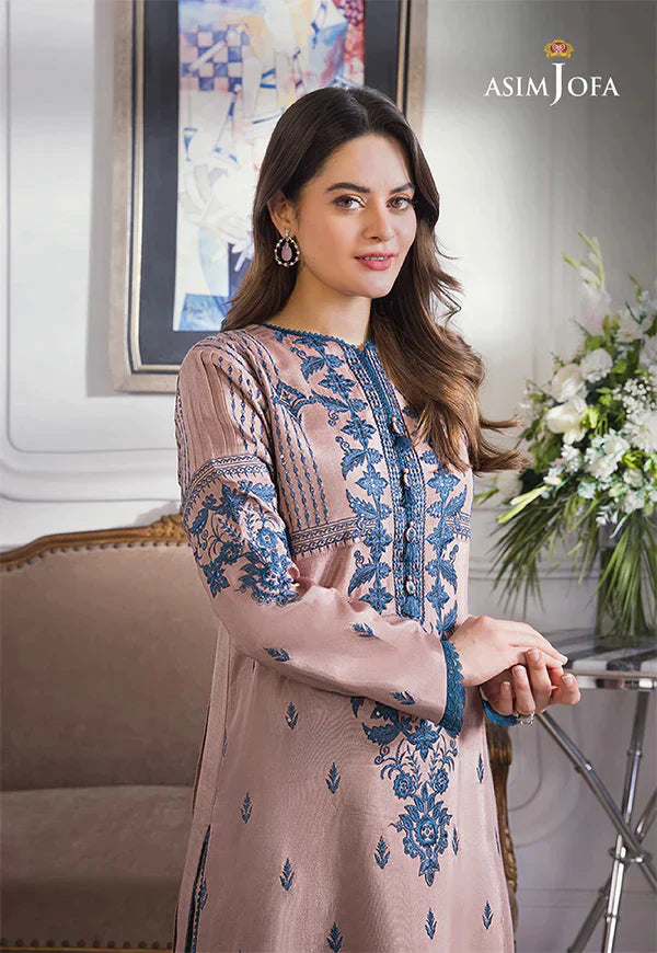 ASIM JOFA - 3PC DHANAK EMBROIDERED SHIRT WITH CHIFFON DUPATTA & TROUSER - HZG2361