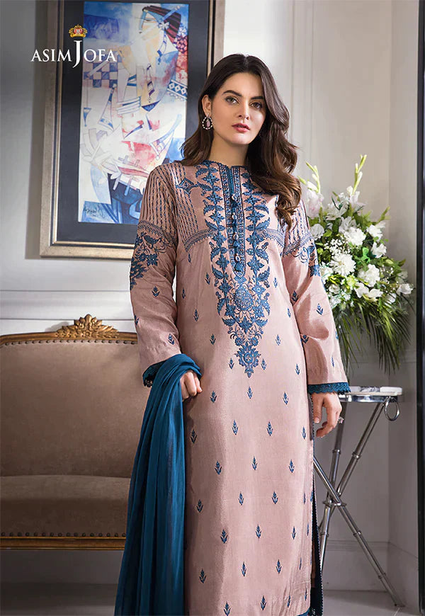 ASIM JOFA - 3PC DHANAK EMBROIDERED SHIRT WITH CHIFFON DUPATTA & TROUSER - HZG2361