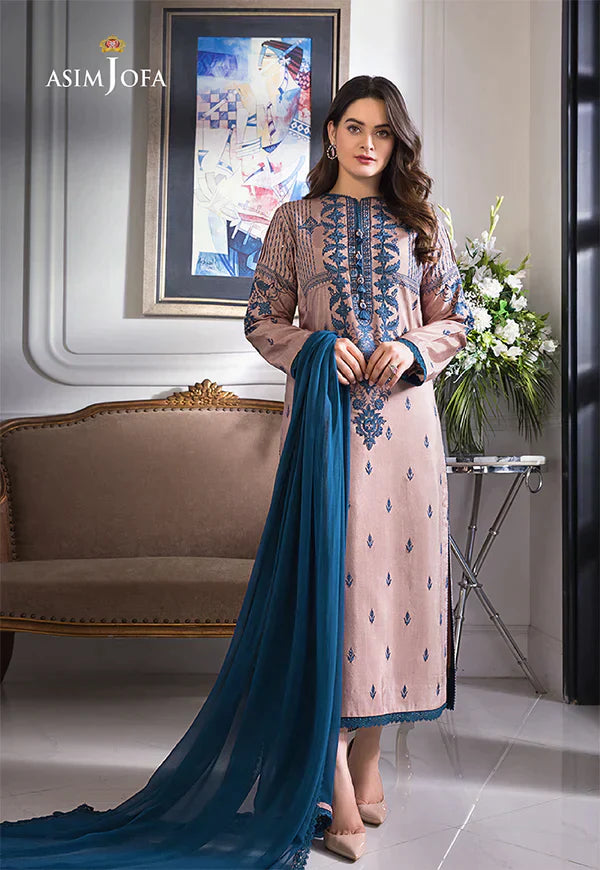 ASIM JOFA - 3PC DHANAK EMBROIDERED SHIRT WITH CHIFFON DUPATTA & TROUSER - HZG2361