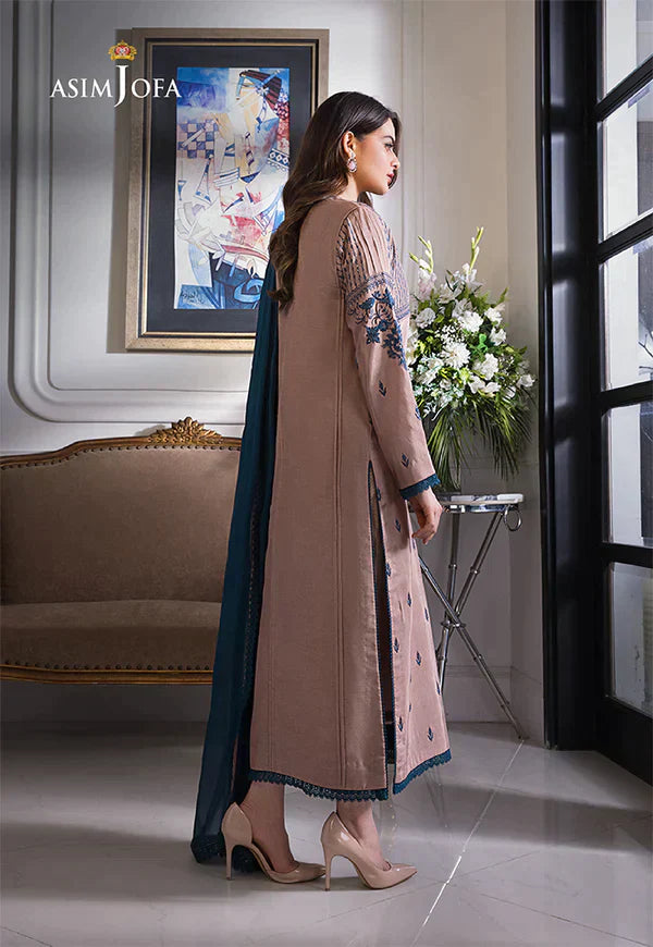 ASIM JOFA - 3PC DHANAK EMBROIDERED SHIRT WITH CHIFFON DUPATTA & TROUSER - HZG2361