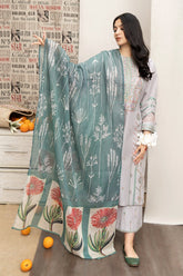URGE - 3PC DHANAK EMBROIDERED SHIRT WITH TWILL PRINTED SHAWL AND TROUSER - HZG2358
